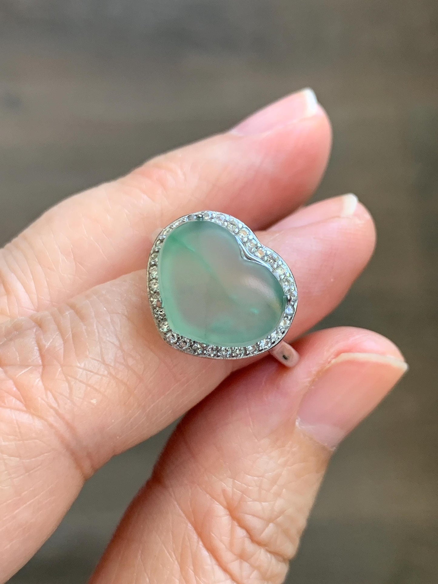Natural Grade A Guatemalan Icy Highly Translucent Pastel Green Jade Jadeite Heart Ring Sterling Silver Size Adjustable 天然冰危浅绿翡翠爱心银镶戒指 WQL140