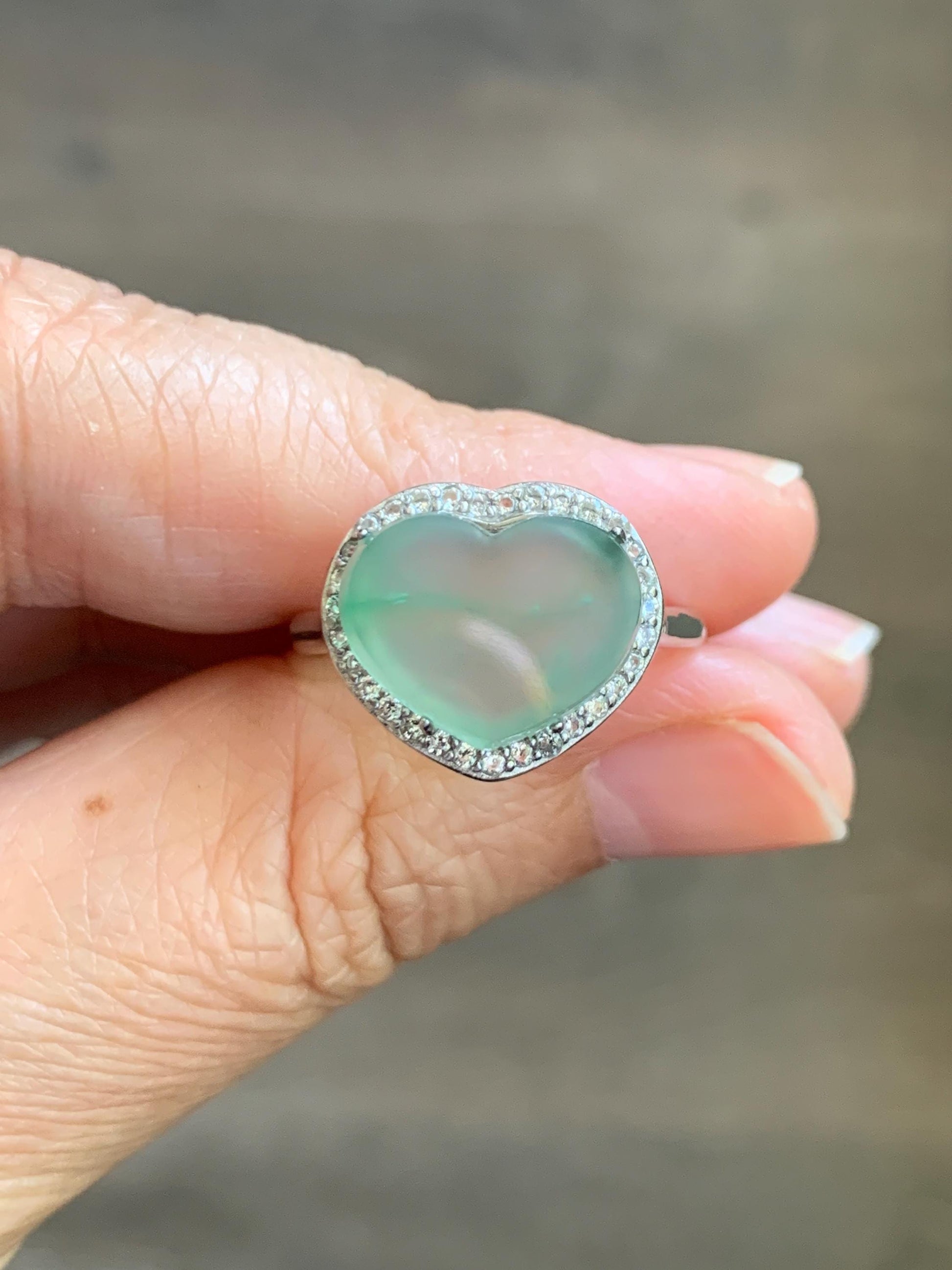 Natural Grade A Guatemalan Icy Highly Translucent Pastel Green Jade Jadeite Heart Ring Sterling Silver Size Adjustable 天然冰危浅绿翡翠爱心银镶戒指 WQL140