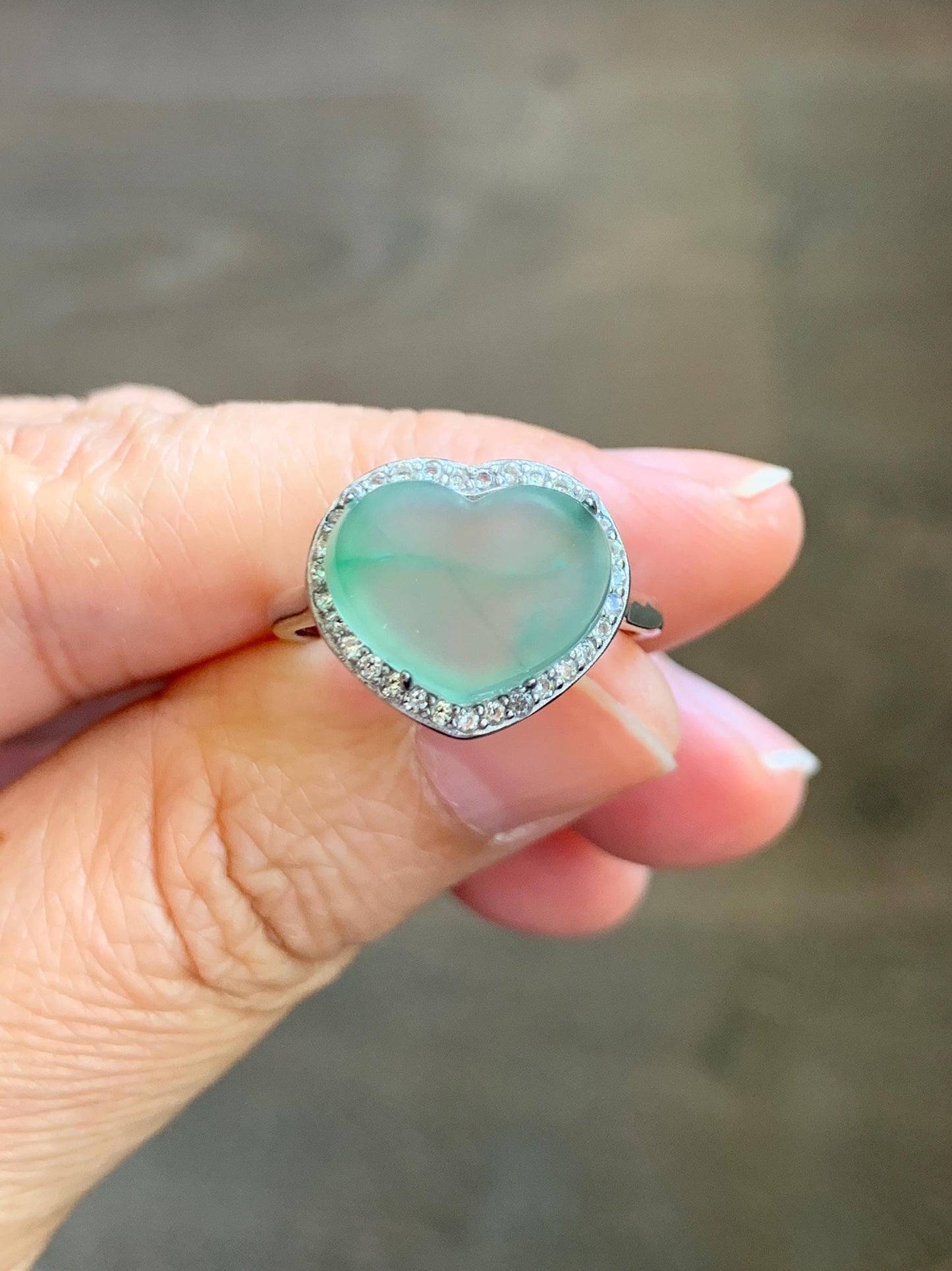 Natural Grade A Guatemalan Icy Highly Translucent Pastel Green Jade Jadeite Heart Ring Sterling Silver Size Adjustable 天然冰危浅绿翡翠爱心银镶戒指 WQL140
