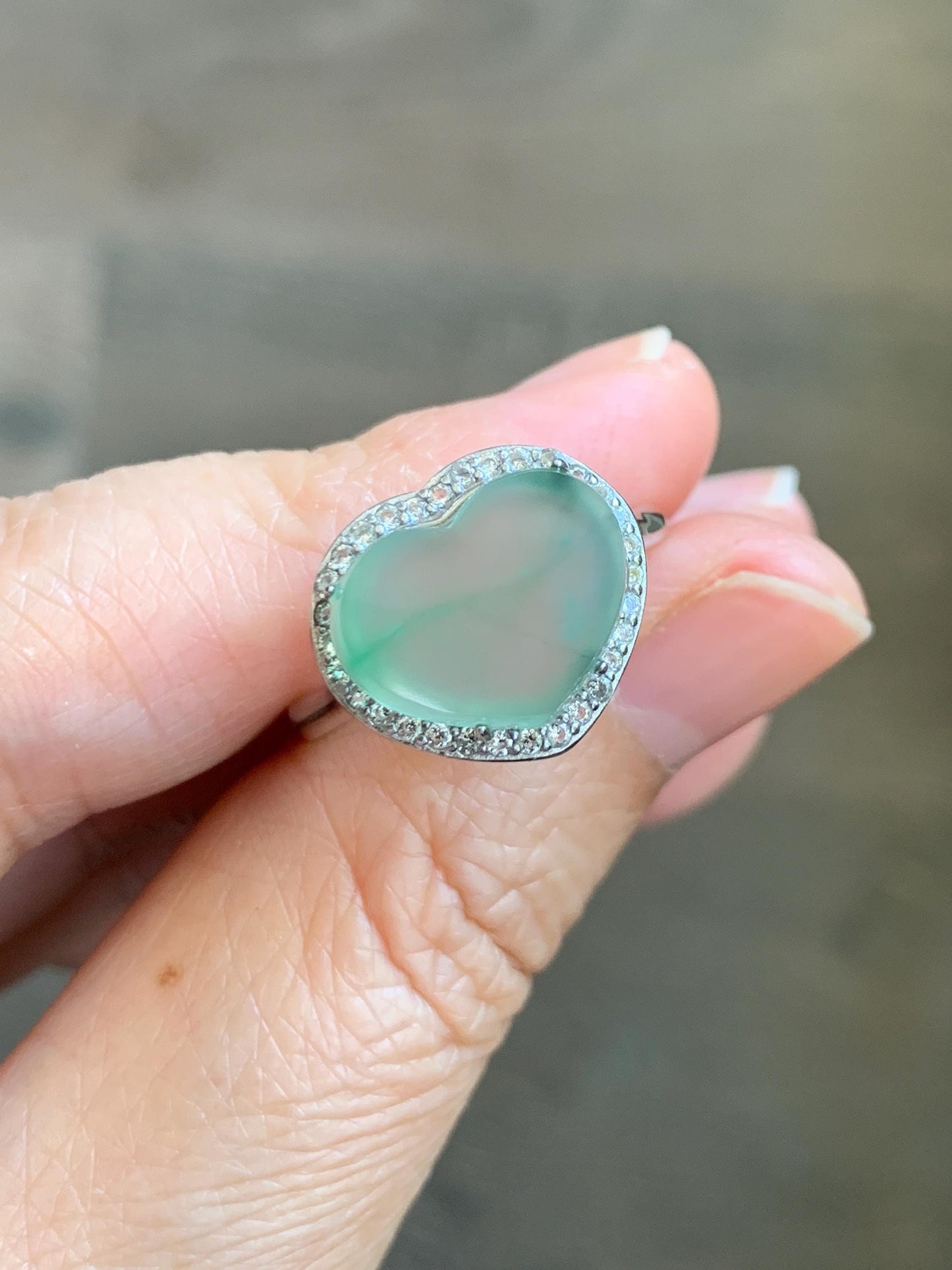 Natural Grade A Guatemalan Icy Highly Translucent Pastel Green Jade Jadeite Heart Ring Sterling Silver Size Adjustable 天然冰危浅绿翡翠爱心银镶戒指 WQL140