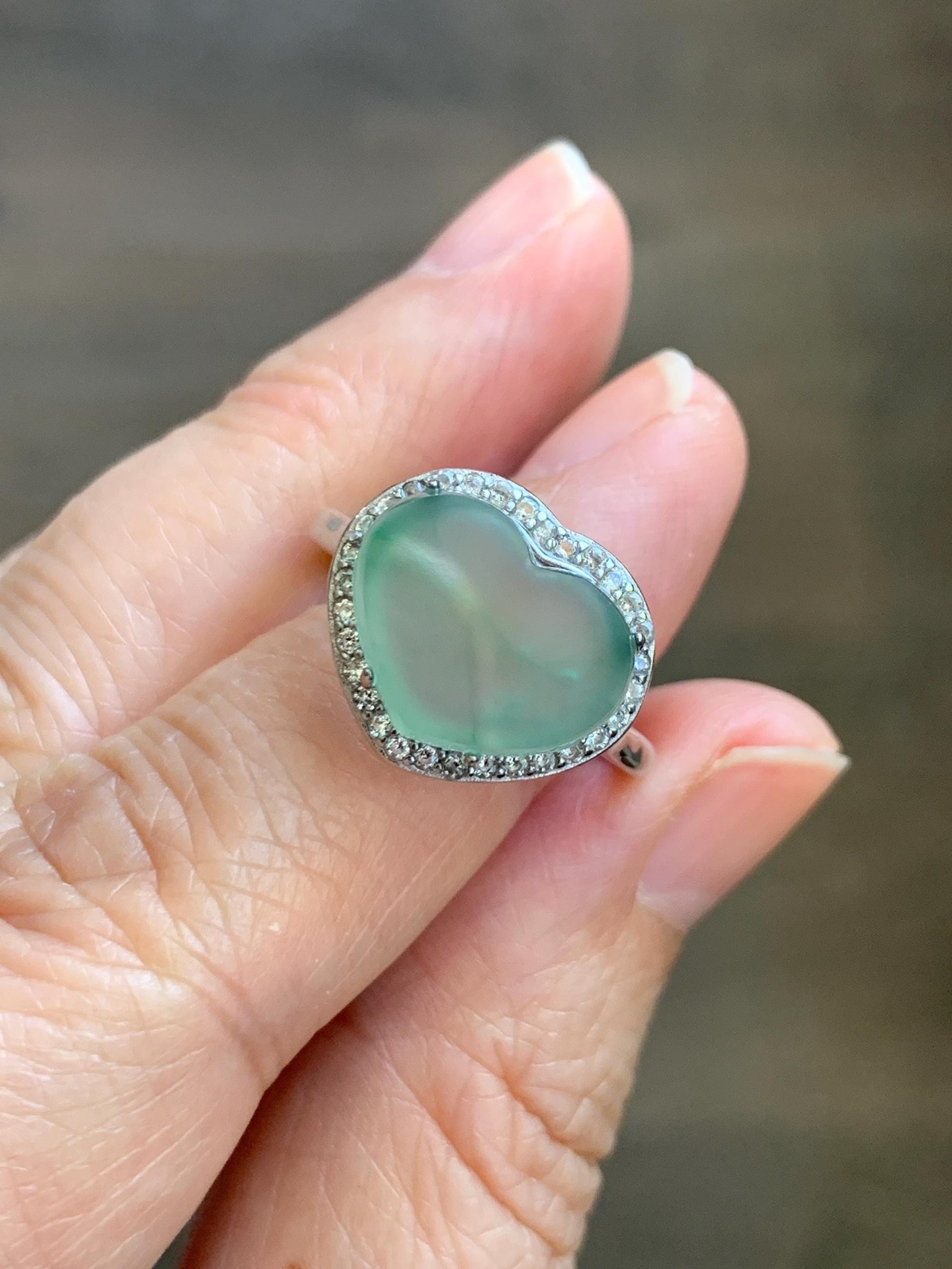 Natural Grade A Guatemalan Icy Highly Translucent Pastel Green Jade Jadeite Heart Ring Sterling Silver Size Adjustable 天然冰危浅绿翡翠爱心银镶戒指 WQL140