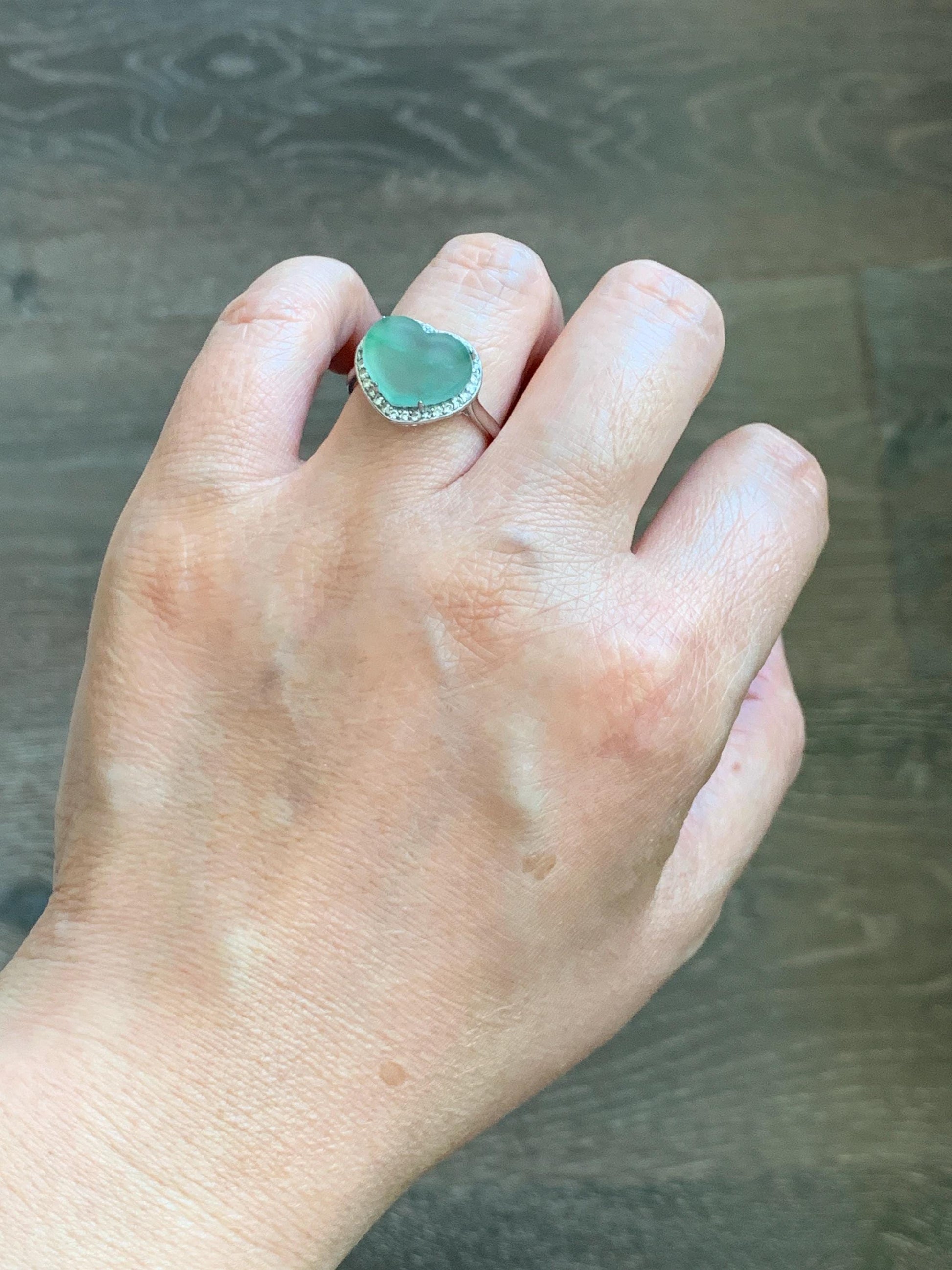 Natural Grade A Guatemalan Icy Highly Translucent Pastel Green Jade Jadeite Heart Ring Sterling Silver Size Adjustable 天然冰危浅绿翡翠爱心银镶戒指 WQL140
