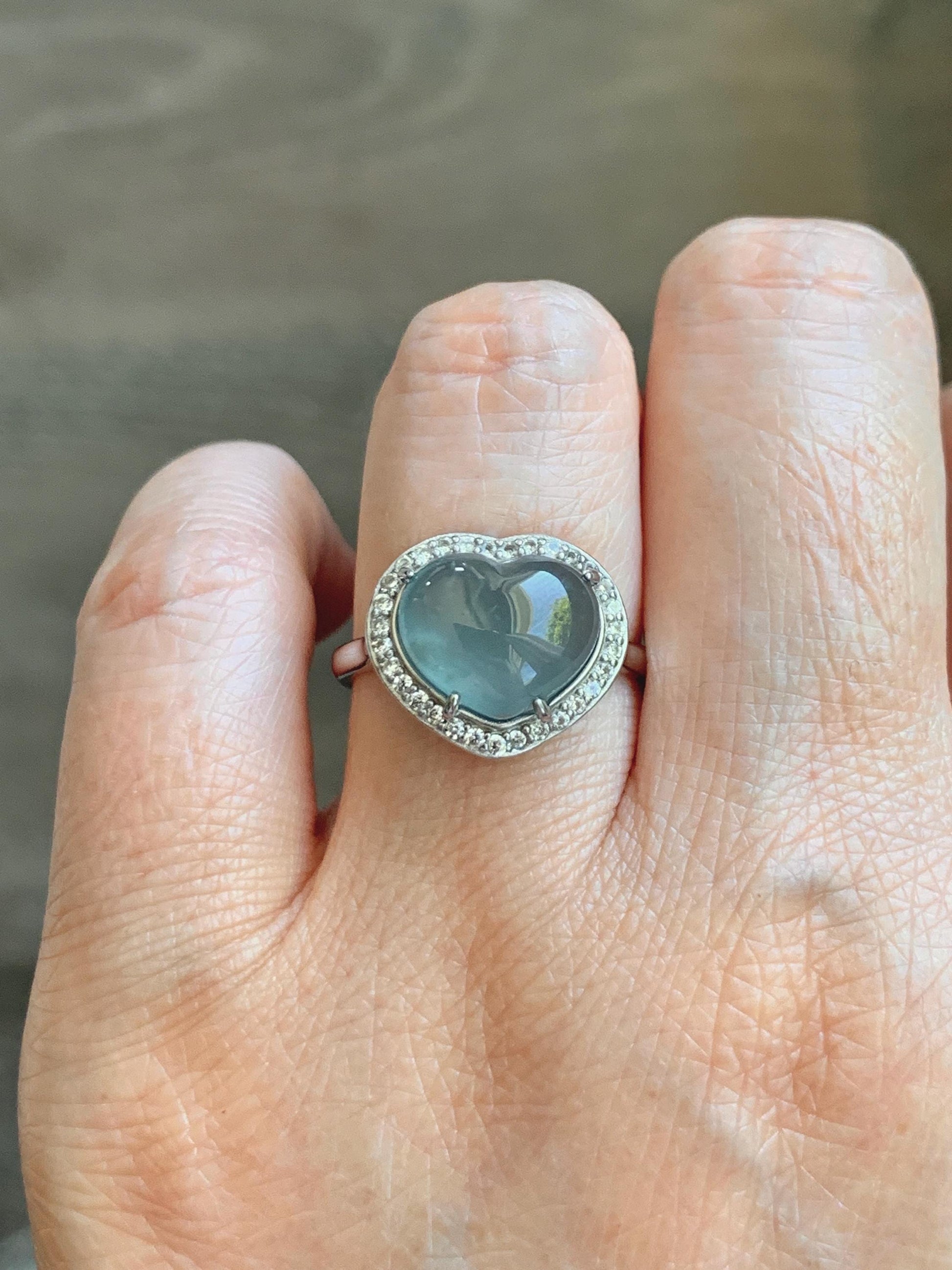 Natural Grade A Guatemalan Icy Highly Translucent Light Teal Jade Jadeite Heart Ring Sterling Silver Size Adjustable 天然冰危浅蓝翡翠爱心银镶戒指 WQB132