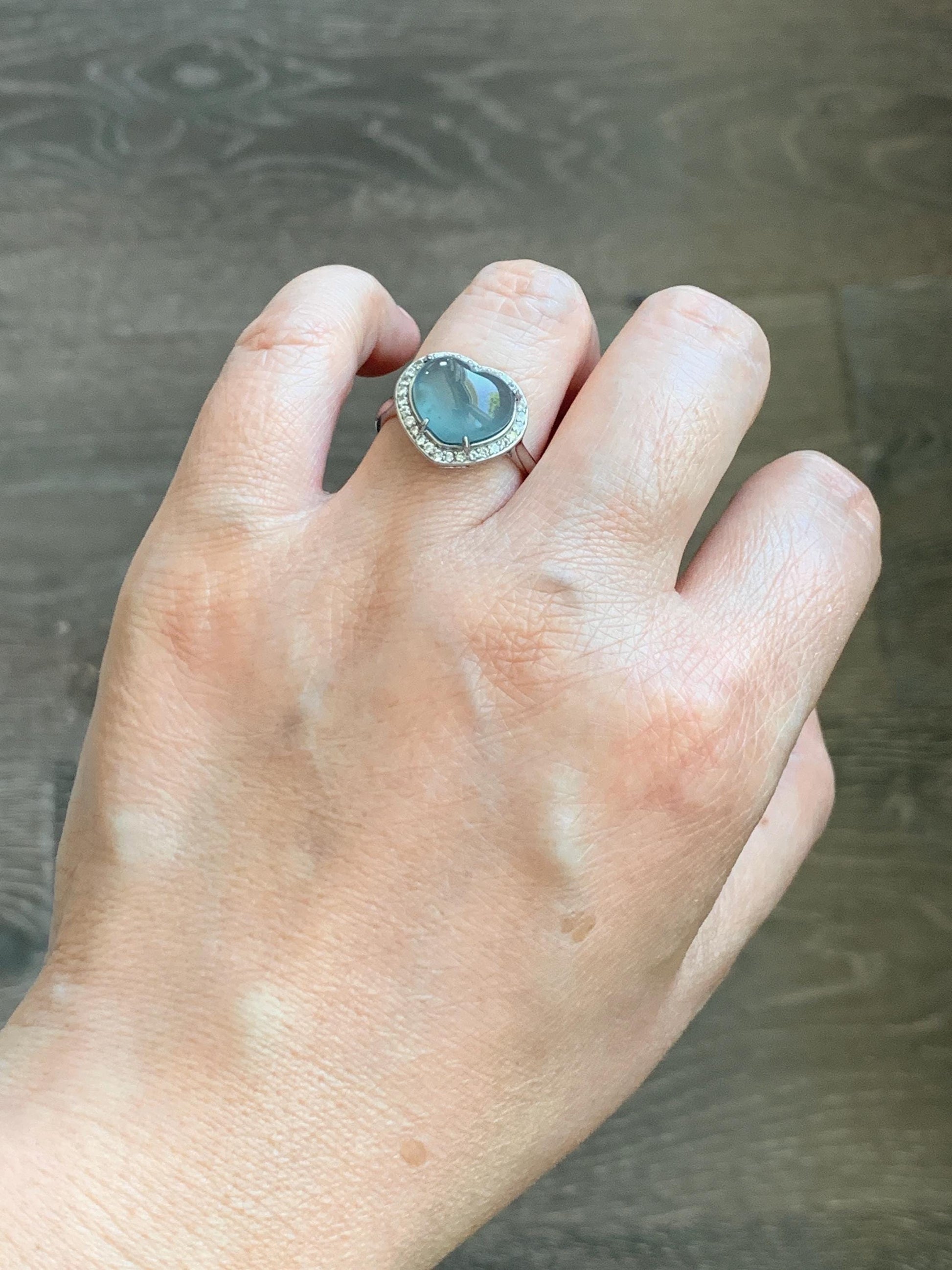 Natural Grade A Guatemalan Icy Highly Translucent Light Teal Jade Jadeite Heart Ring Sterling Silver Size Adjustable 天然冰危浅蓝翡翠爱心银镶戒指 WQB132