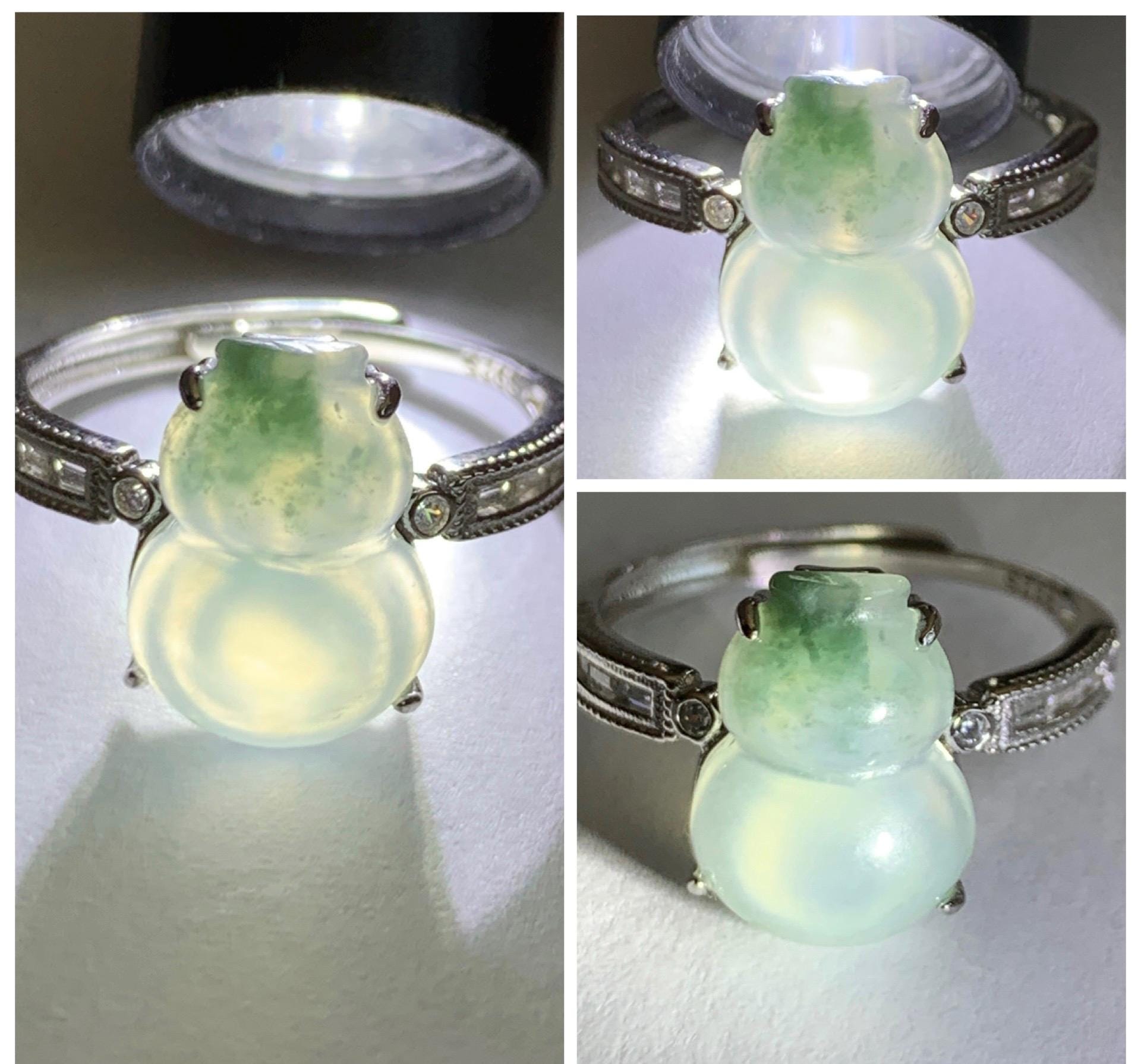 Natural Grade A Icy Highly Translucent White Green Marbled Jade Jadeite Gourd Hulu Ring Sterling Silver Size Adjustable 天然白冰飘绿翡翠葫芦戒指 MBL88P