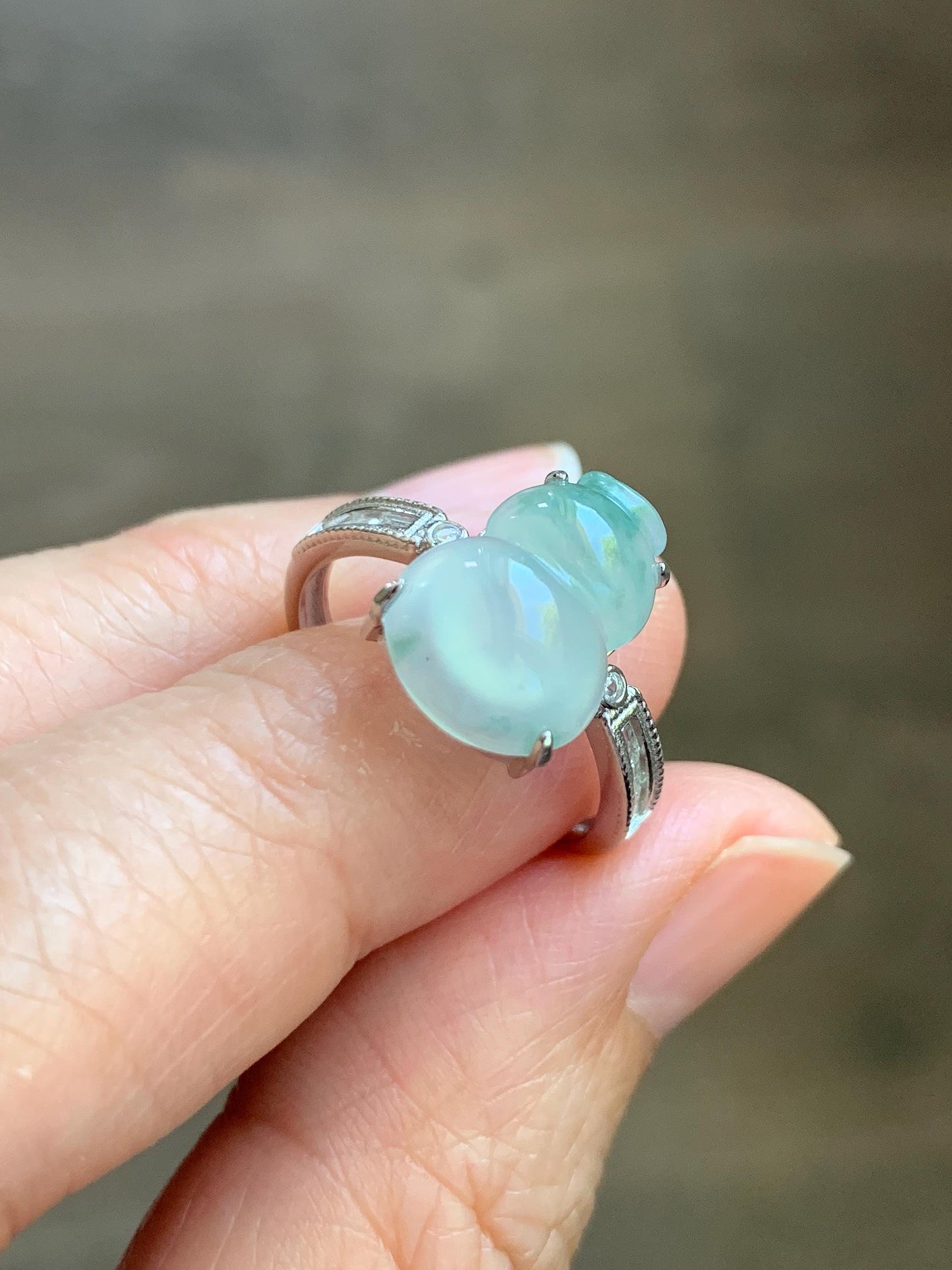 Natural Grade A Icy Highly Translucent White Green Marbled Jade Jadeite Gourd Hulu Ring Sterling Silver Size Adjustable 天然白冰飘绿翡翠葫芦戒指 MBL88P