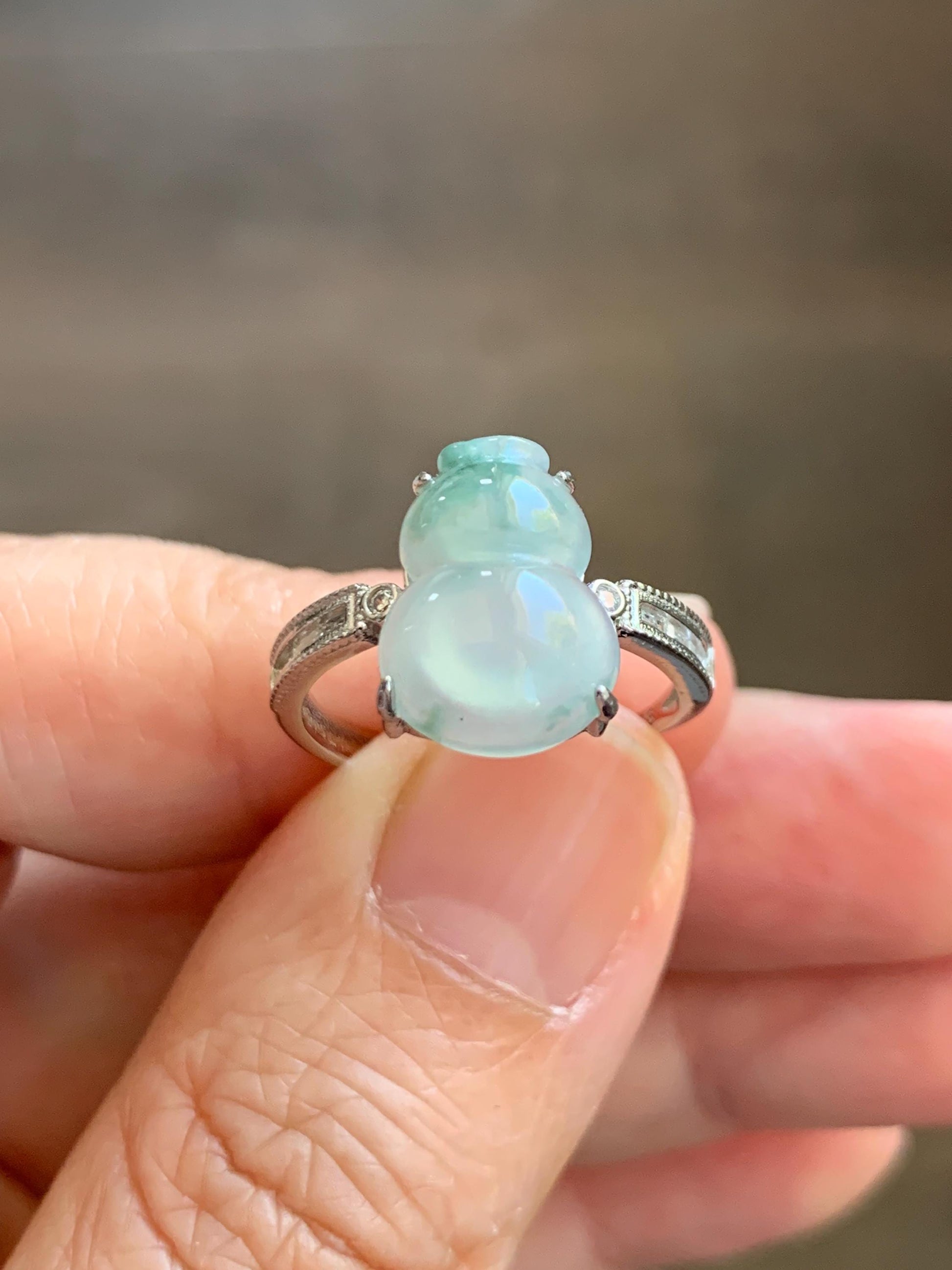 Natural Grade A Icy Highly Translucent White Green Marbled Jade Jadeite Gourd Hulu Ring Sterling Silver Size Adjustable 天然白冰飘绿翡翠葫芦戒指 MBL88P