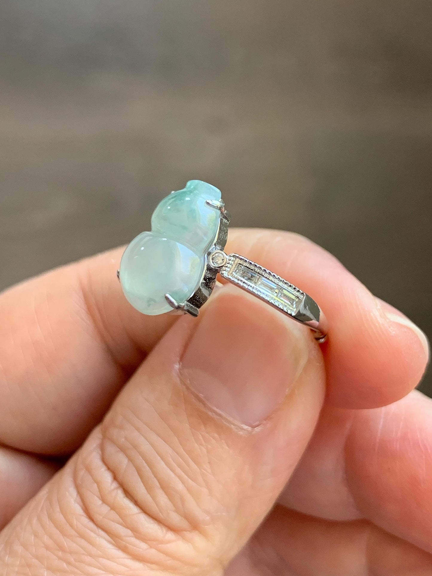 Natural Grade A Icy Highly Translucent White Green Marbled Jade Jadeite Gourd Hulu Ring Sterling Silver Size Adjustable 天然白冰飘绿翡翠葫芦戒指 MBL88P