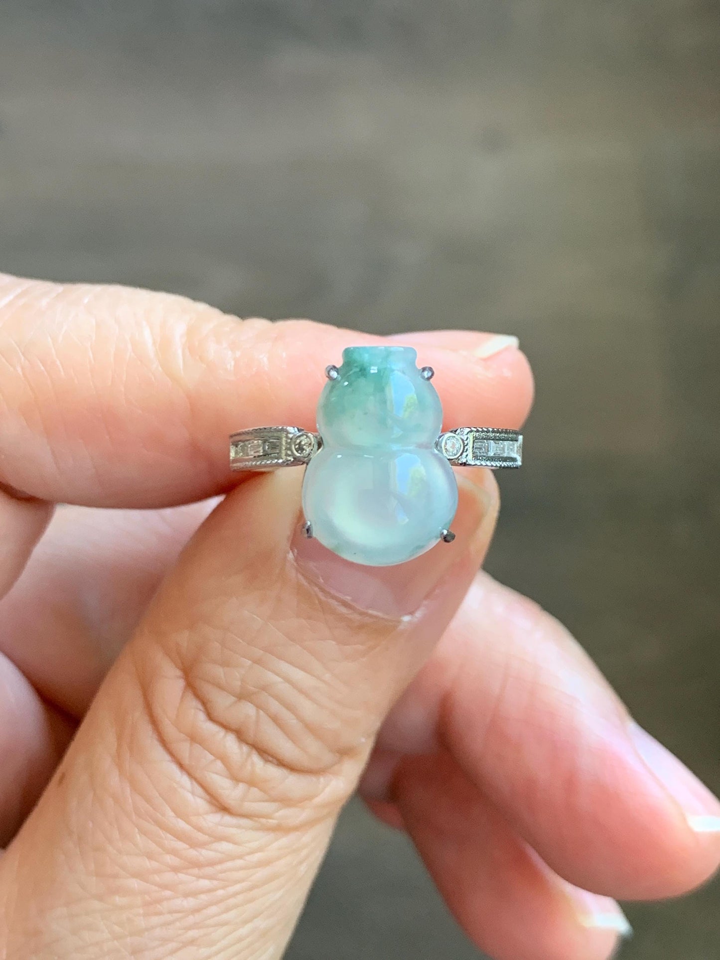 Natural Grade A Icy Highly Translucent White Green Marbled Jade Jadeite Gourd Hulu Ring Sterling Silver Size Adjustable 天然白冰飘绿翡翠葫芦戒指 MBL88P