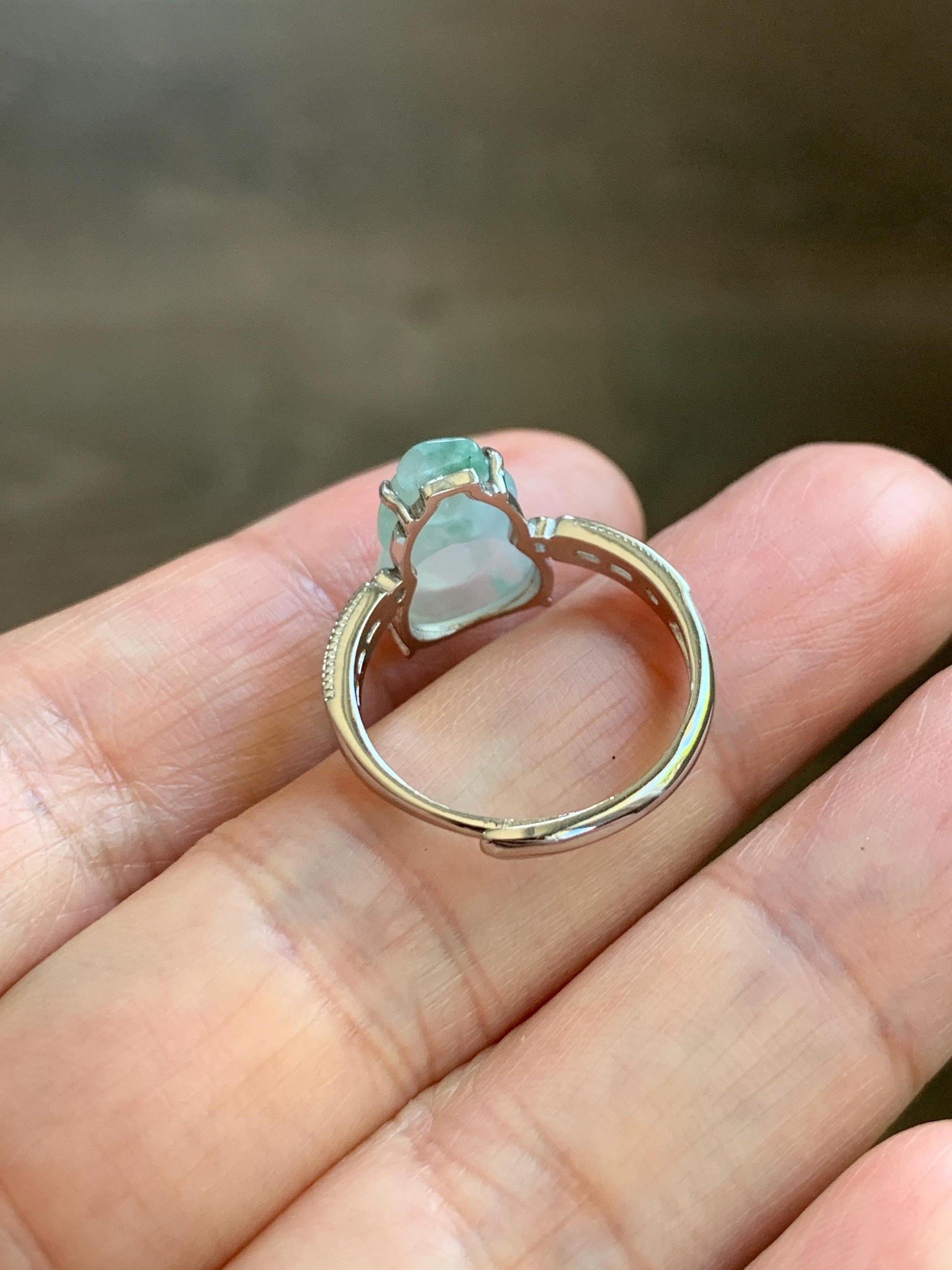 Natural Grade A Icy Highly Translucent White Green Marbled Jade Jadeite Gourd Hulu Ring Sterling Silver Size Adjustable 天然白冰飘绿翡翠葫芦戒指 MBL88P