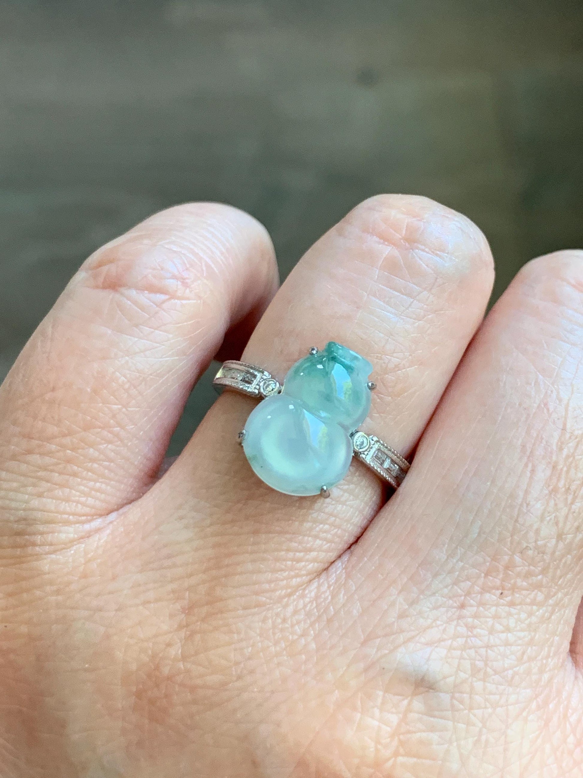 Natural Grade A Icy Highly Translucent White Green Marbled Jade Jadeite Gourd Hulu Ring Sterling Silver Size Adjustable 天然白冰飘绿翡翠葫芦戒指 MBL88P