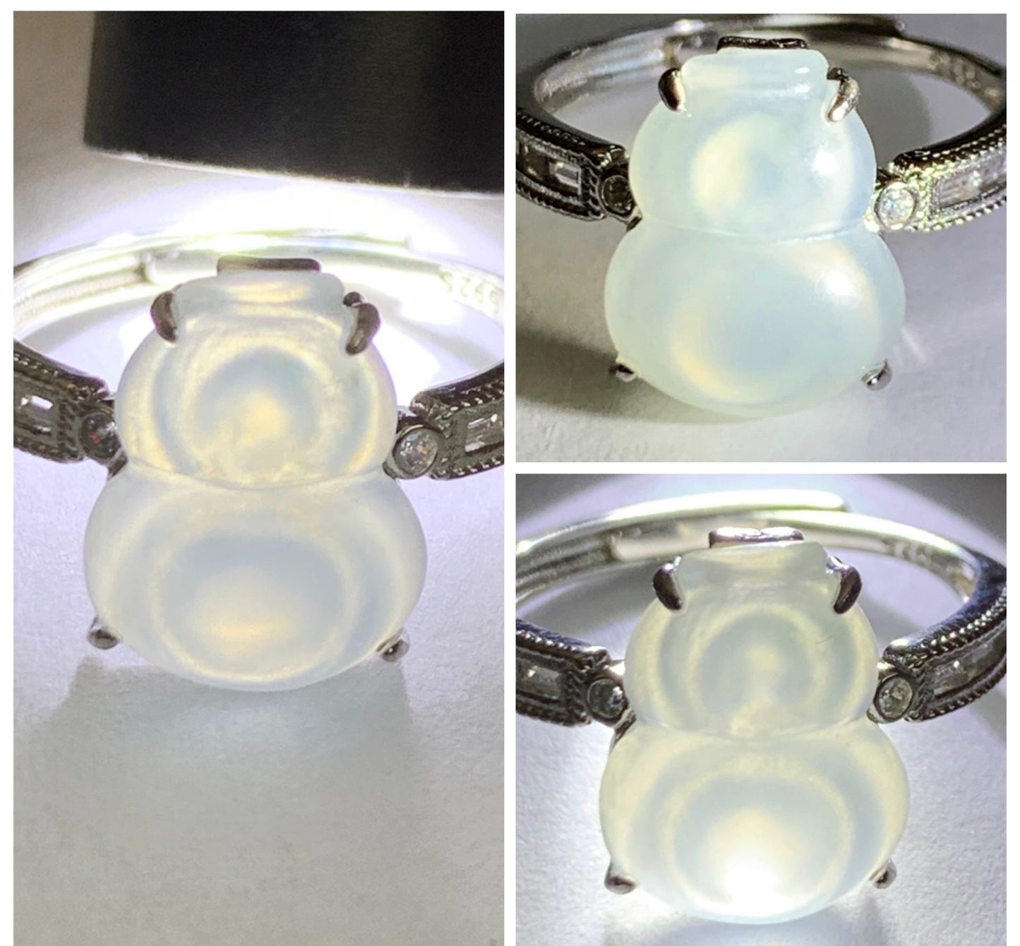 Natural Grade A Icy Highly Translucent White Jade Jadeite Gourd Hulu Ring Sterling Silver Size 7 Adjustable 天然白冰翡翠葫芦戒指 MBL88B