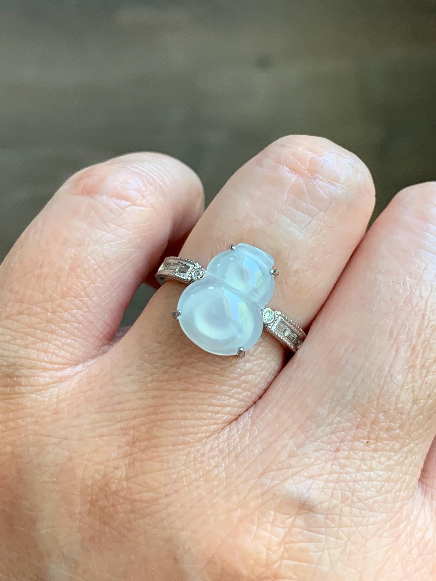 Natural Grade A Icy Highly Translucent White Jade Jadeite Gourd Hulu Ring Sterling Silver Size 7 Adjustable 天然白冰翡翠葫芦戒指 MBL88B