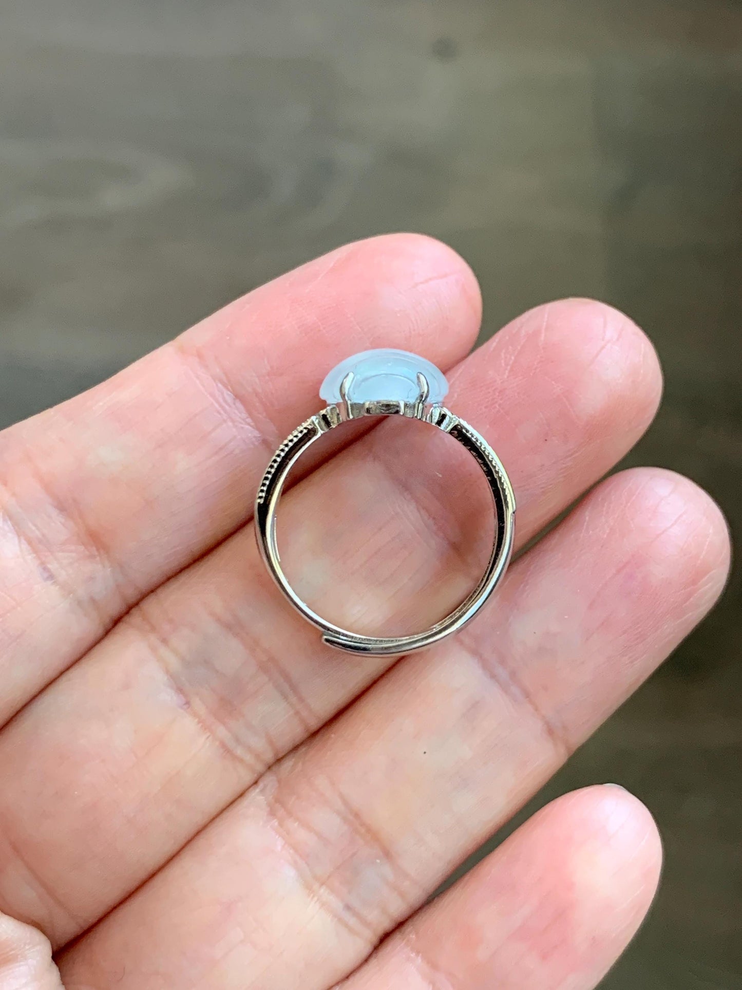 Natural Grade A Icy Highly Translucent White Jade Jadeite Gourd Hulu Ring Sterling Silver Size 7 Adjustable 天然白冰翡翠葫芦戒指 MBL88B