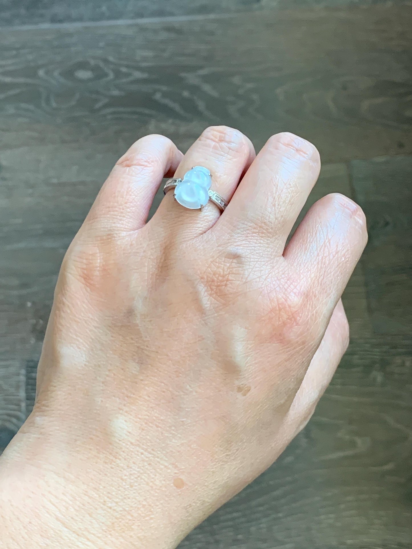 Natural Grade A Icy Highly Translucent White Jade Jadeite Gourd Hulu Ring Sterling Silver Size 7 Adjustable 天然白冰翡翠葫芦戒指 MBL88B