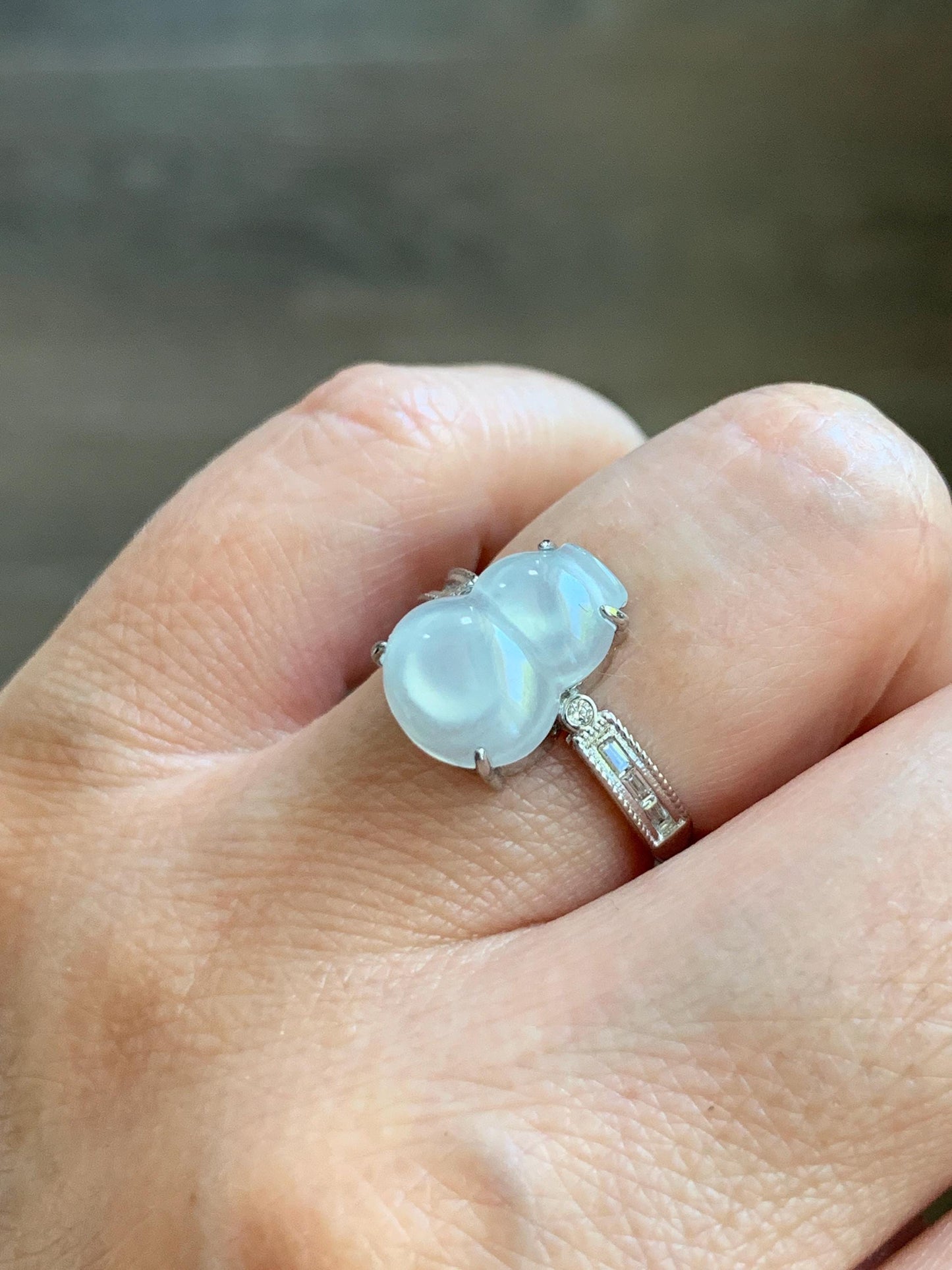 Natural Grade A Icy Highly Translucent White Jade Jadeite Gourd Hulu Ring Sterling Silver Size 7 Adjustable 天然白冰翡翠葫芦戒指 MBL88B