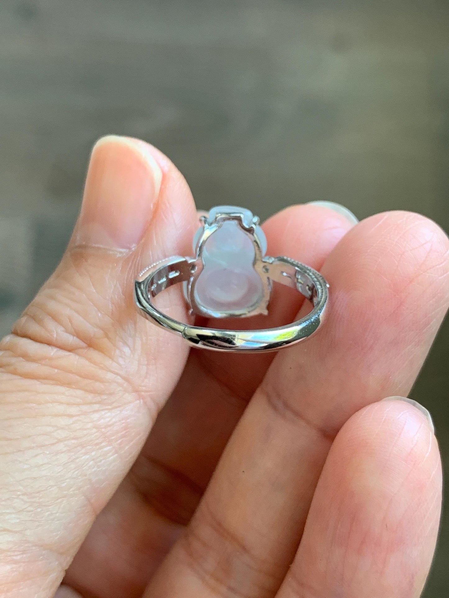 Natural Grade A Icy Highly Translucent White Jade Jadeite Gourd Hulu Ring Sterling Silver Size 7 Adjustable 天然白冰翡翠葫芦戒指 MBL88B