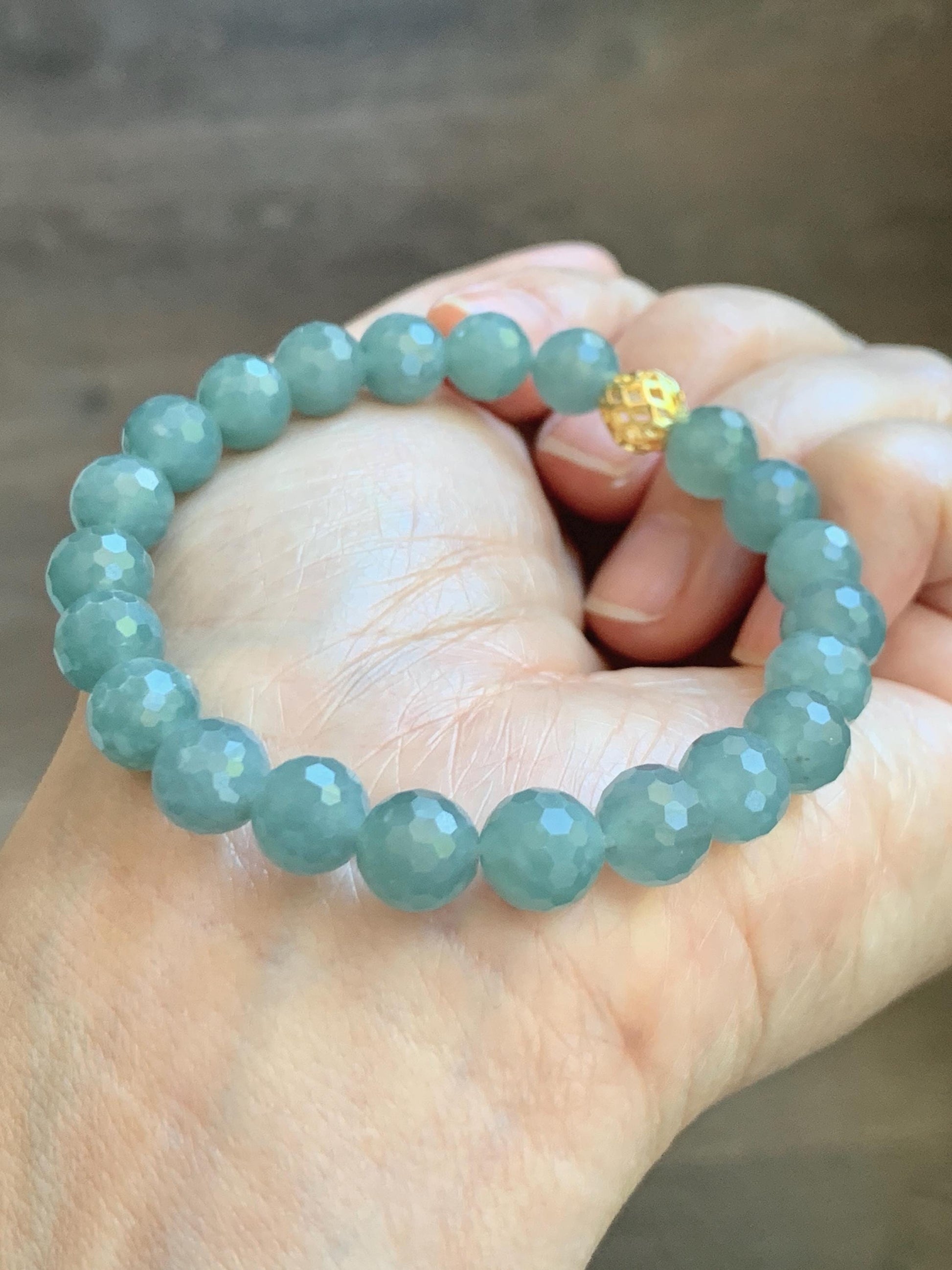 Natural Guatemalan Grade A Icy Translucent Dusty Teal Blue Faceted Jade Jadeite Beaded Bracelet 8mm 7" 20g 天然冰危蓝翡翠切割面圆珠手串 WQG100C