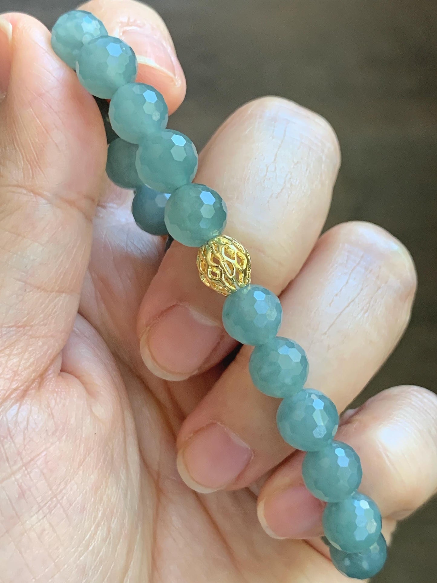 Natural Guatemalan Grade A Icy Translucent Dusty Teal Blue Faceted Jade Jadeite Beaded Bracelet 8mm 7" 20g 天然冰危蓝翡翠切割面圆珠手串 WQG100C