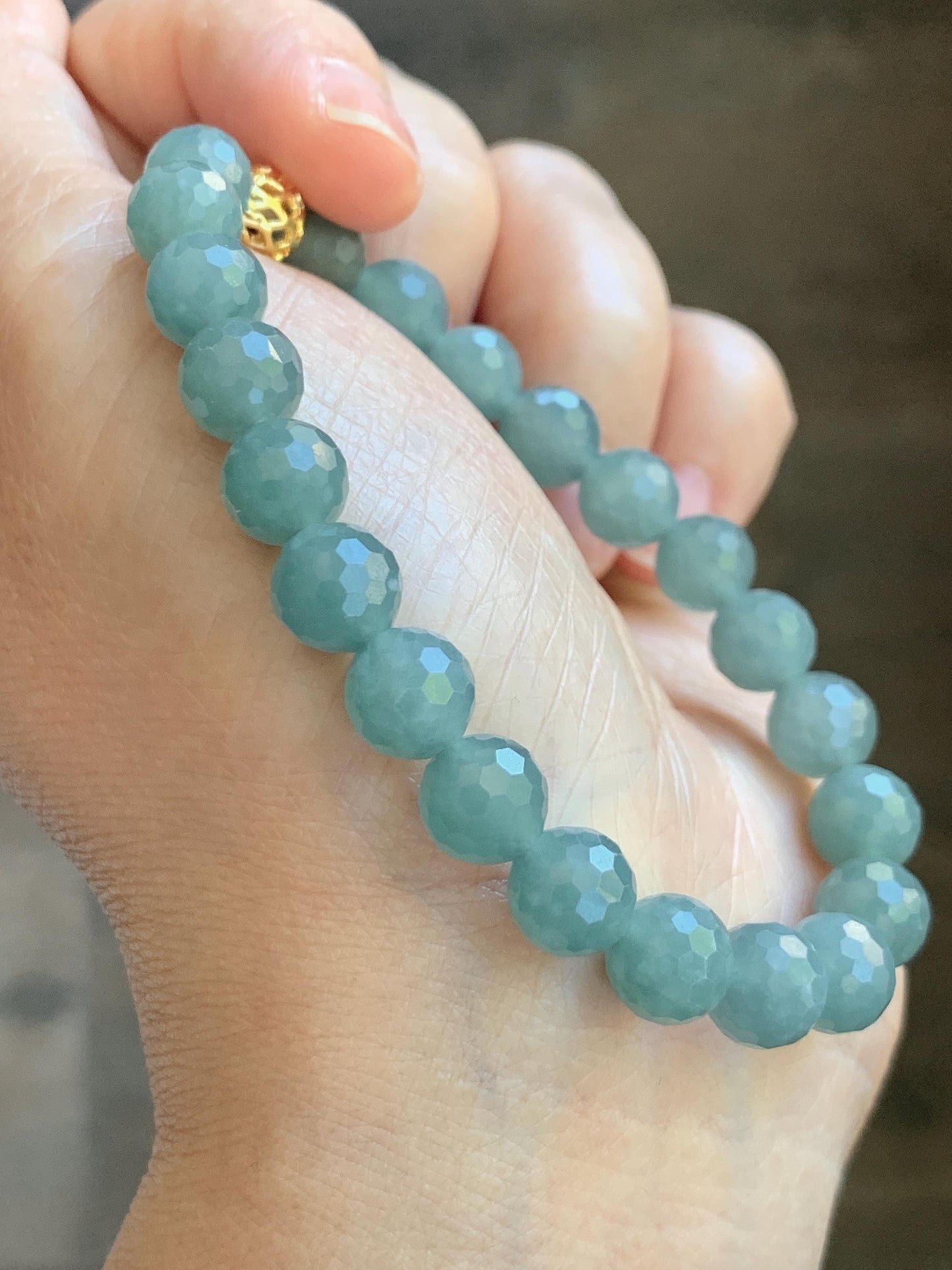 Natural Guatemalan Grade A Icy Translucent Dusty Teal Blue Faceted Jade Jadeite Beaded Bracelet 8mm 7" 20g 天然冰危蓝翡翠切割面圆珠手串 WQG100C