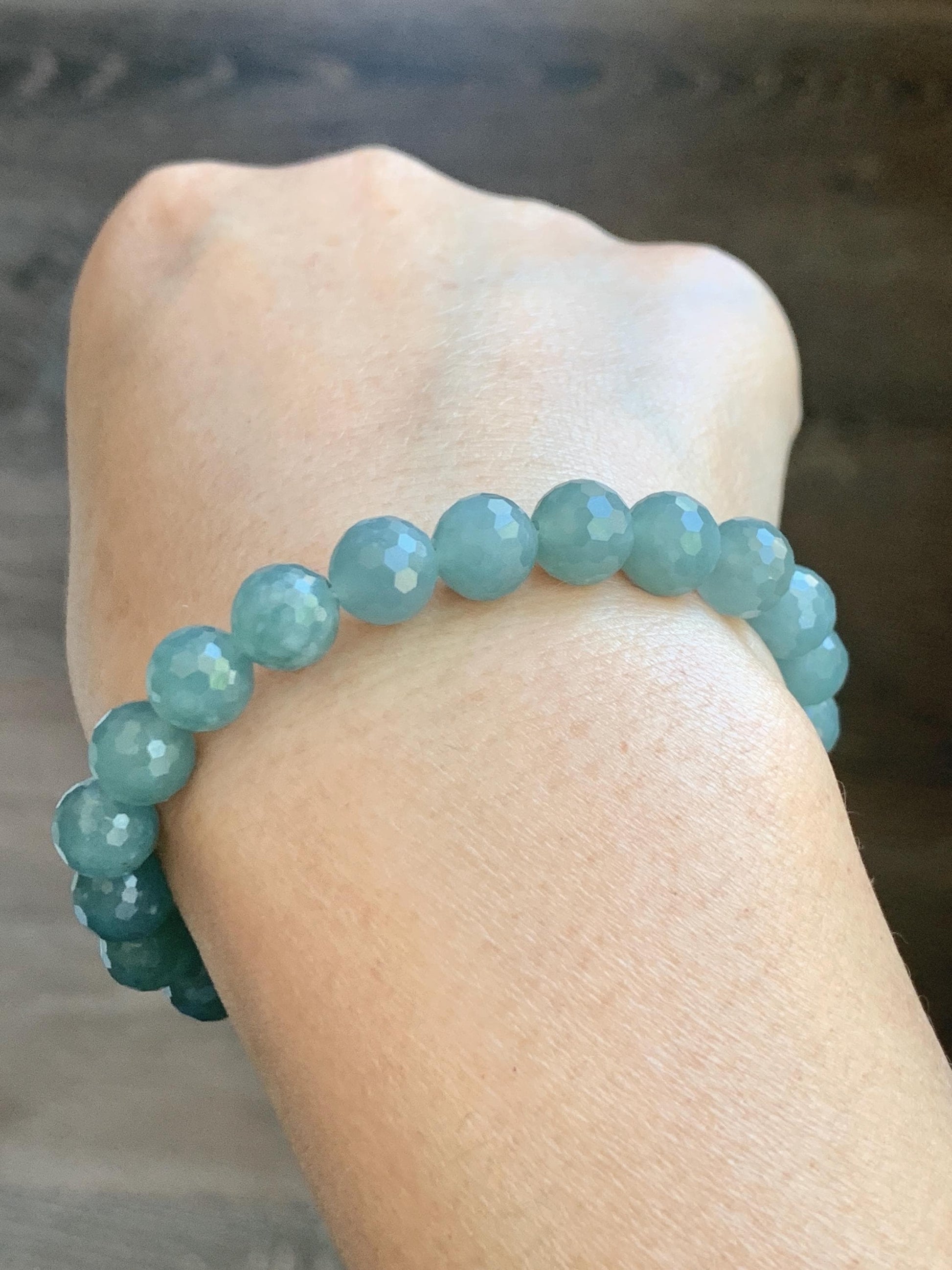 Natural Guatemalan Grade A Icy Translucent Dusty Teal Blue Faceted Jade Jadeite Beaded Bracelet 8mm 7" 20g 天然冰危蓝翡翠切割面圆珠手串 WQG100C