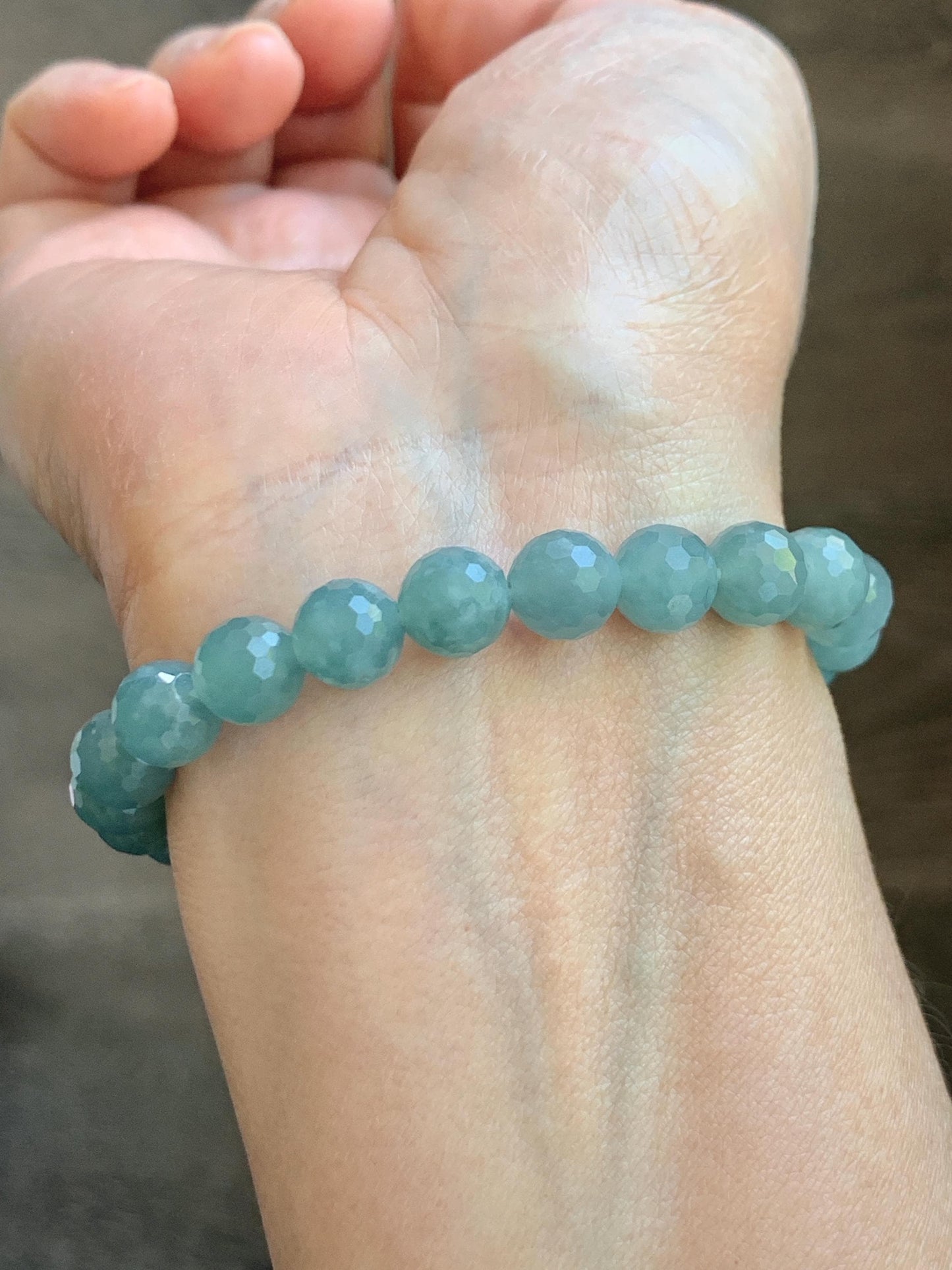 Natural Guatemalan Grade A Icy Translucent Dusty Teal Blue Faceted Jade Jadeite Beaded Bracelet 8mm 7" 20g 天然冰危蓝翡翠切割面圆珠手串 WQG100C