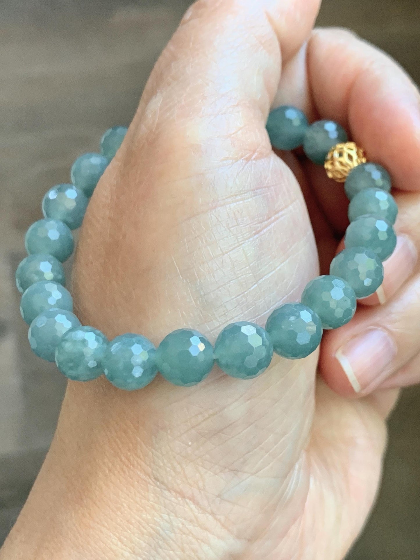 Natural Guatemalan Grade A Icy Translucent Dusty Teal Blue Faceted Jade Jadeite Beaded Bracelet 8mm 7" 20g 天然冰危蓝翡翠切割面圆珠手串 WQG100C