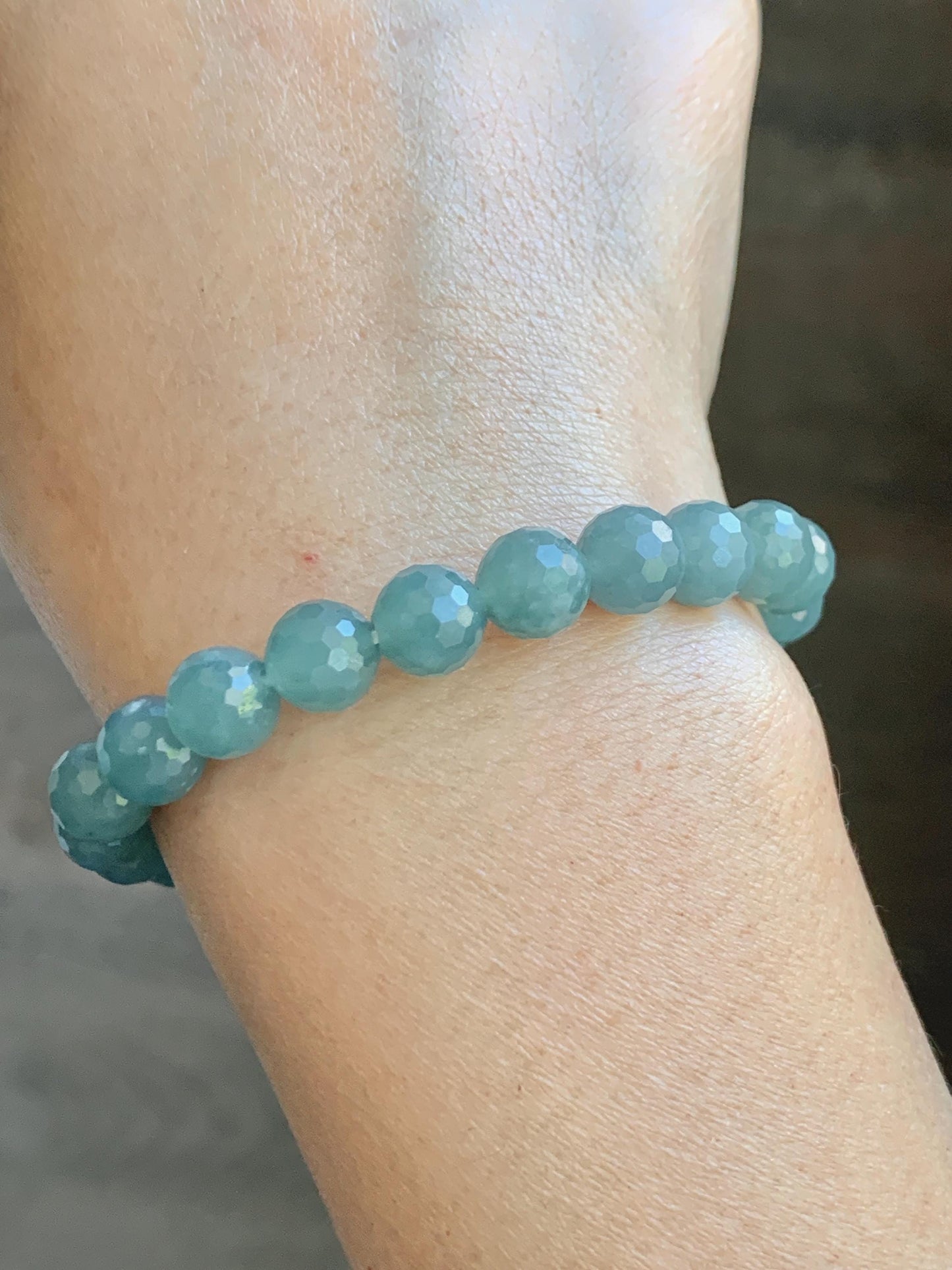 Natural Guatemalan Grade A Icy Translucent Dusty Teal Blue Faceted Jade Jadeite Beaded Bracelet 8mm 7" 20g 天然冰危蓝翡翠切割面圆珠手串 WQG100C