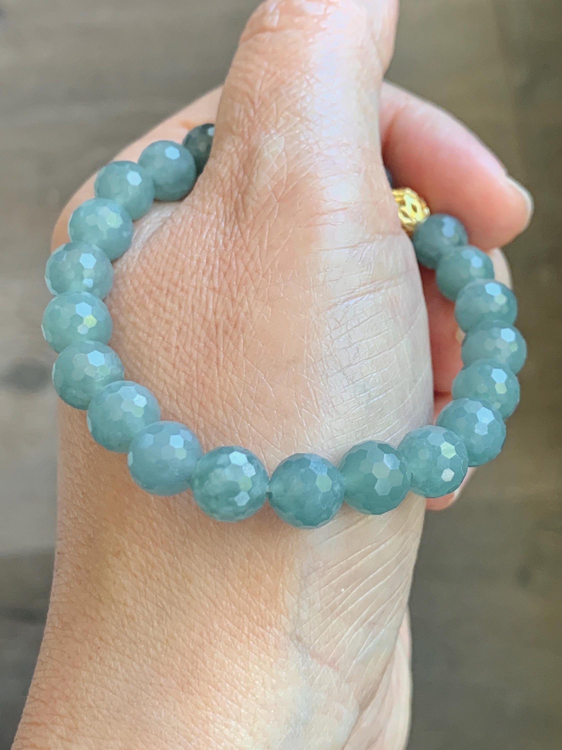 Natural Guatemalan Grade A Icy Translucent Dusty Teal Blue Faceted Jade Jadeite Beaded Bracelet 8mm 7" 20g 天然冰危蓝翡翠切割面圆珠手串 WQG100C