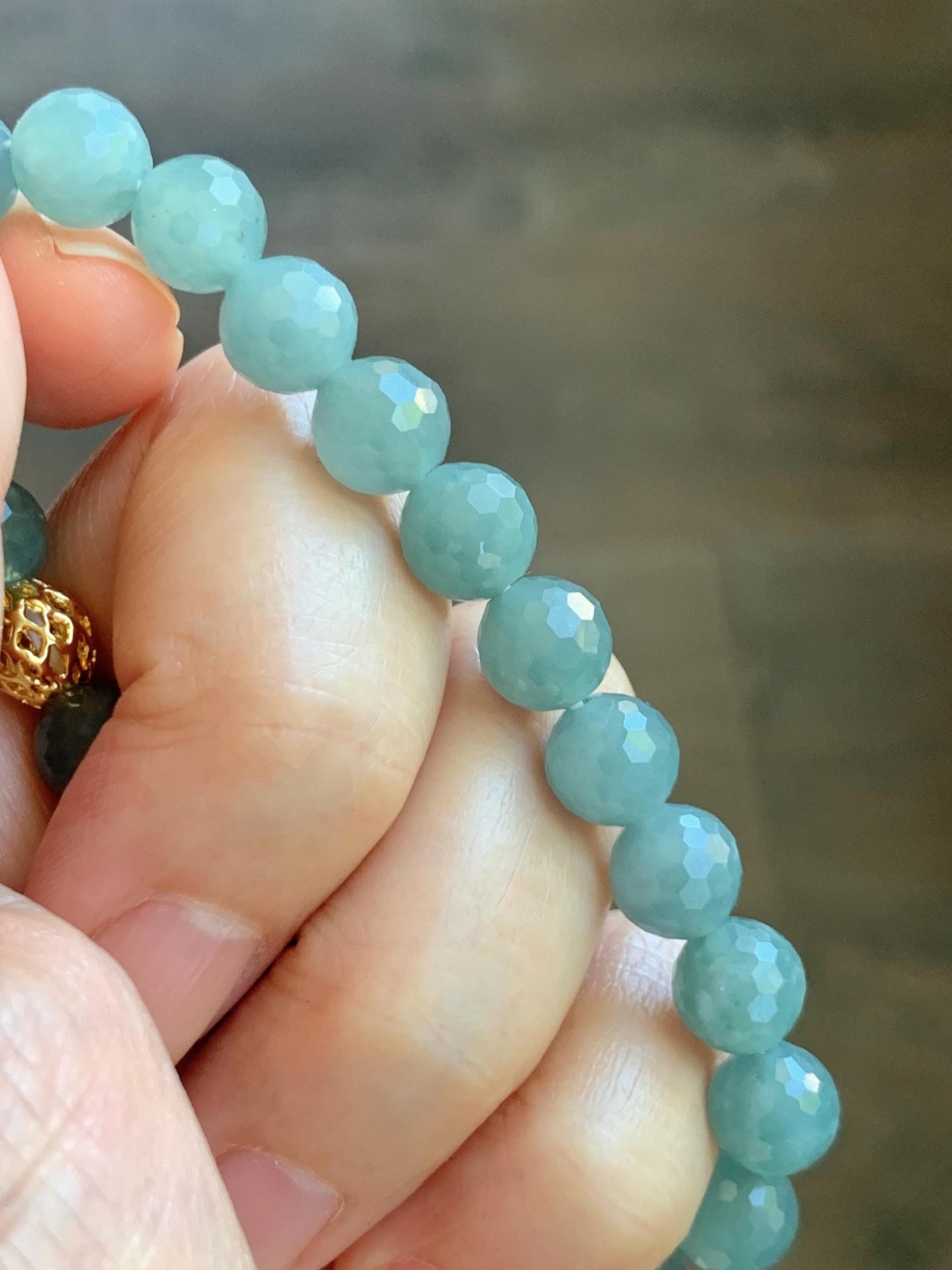 Natural Guatemalan Grade A Icy Translucent Dusty Teal Blue Faceted Jade Jadeite Beaded Bracelet 8mm 7" 20g 天然冰危蓝翡翠切割面圆珠手串 WQG100C