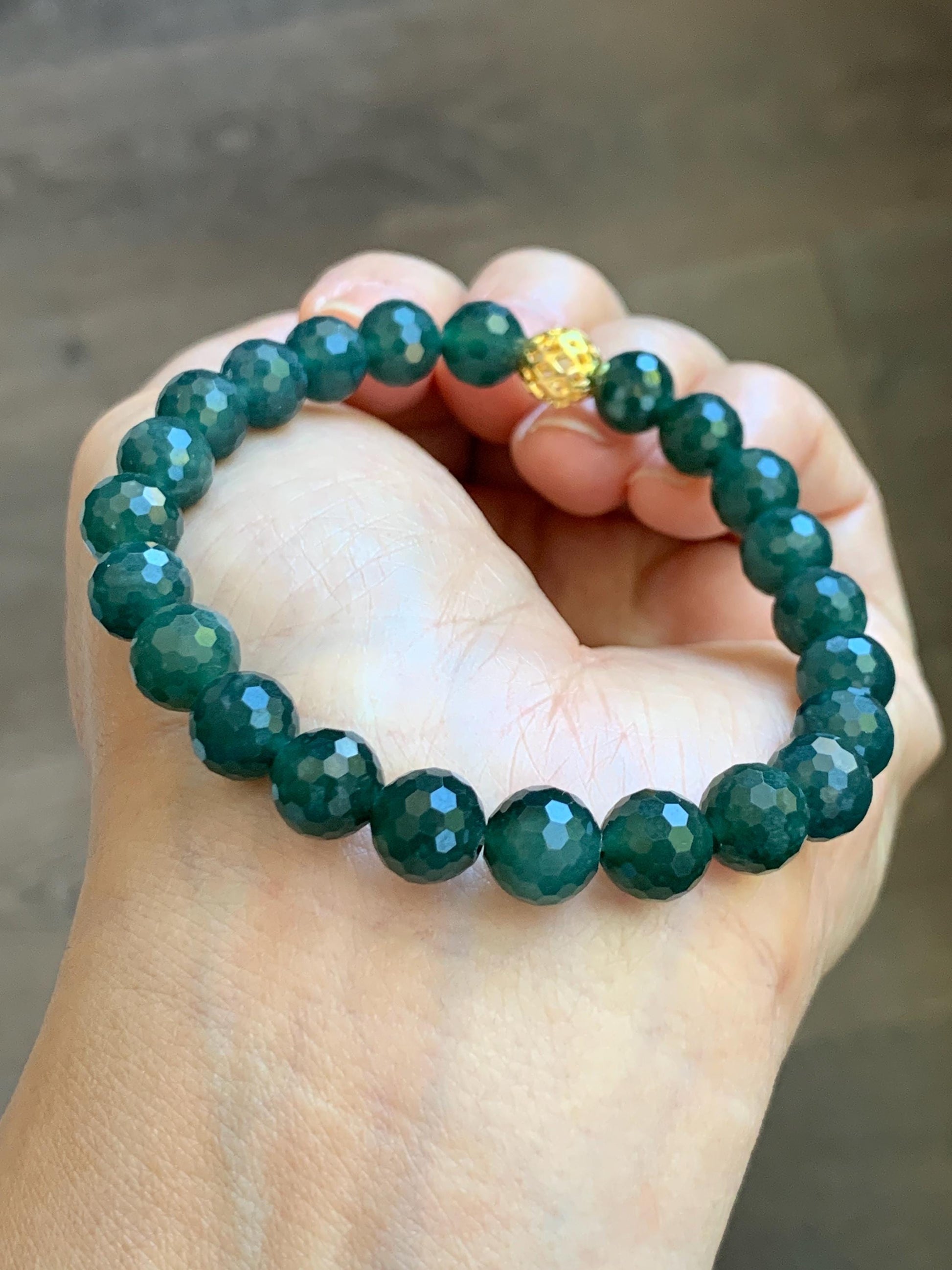 Natural Guatemalan Grade A Icy Translucent Dark Teal Blue Faceted Jade Jadeite Beaded Bracelet 8mm 7.25" 21g 天然冰危深蓝翡翠切割面圆珠手串 WQG100B