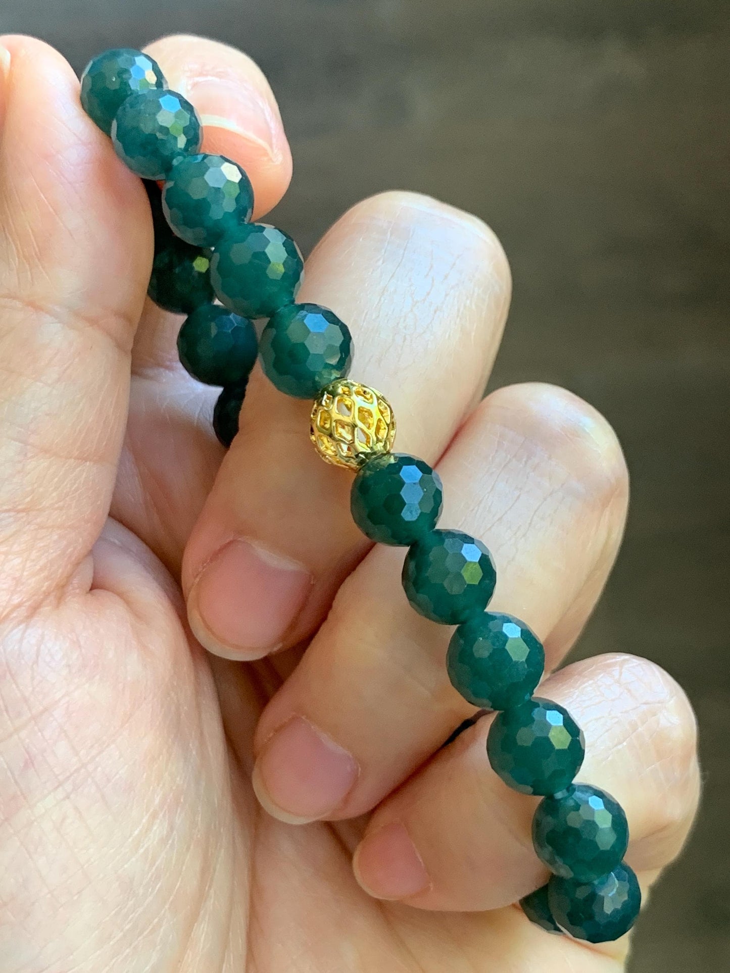 Natural Guatemalan Grade A Icy Translucent Dark Teal Blue Faceted Jade Jadeite Beaded Bracelet 8mm 7.25" 21g 天然冰危深蓝翡翠切割面圆珠手串 WQG100B
