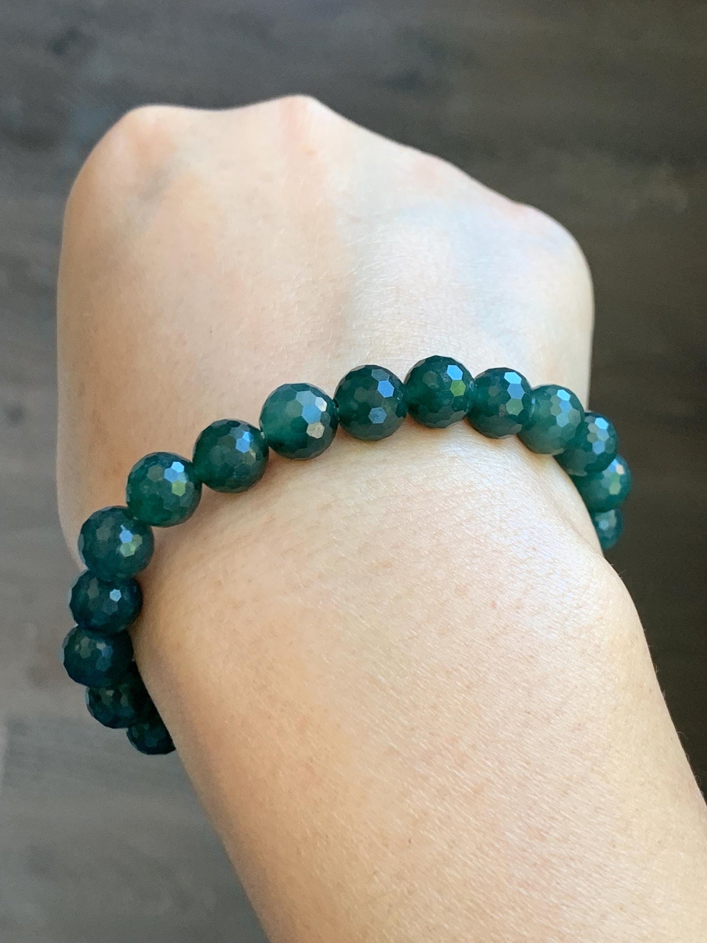 Natural Guatemalan Grade A Icy Translucent Dark Teal Blue Faceted Jade Jadeite Beaded Bracelet 8mm 7.25" 21g 天然冰危深蓝翡翠切割面圆珠手串 WQG100B