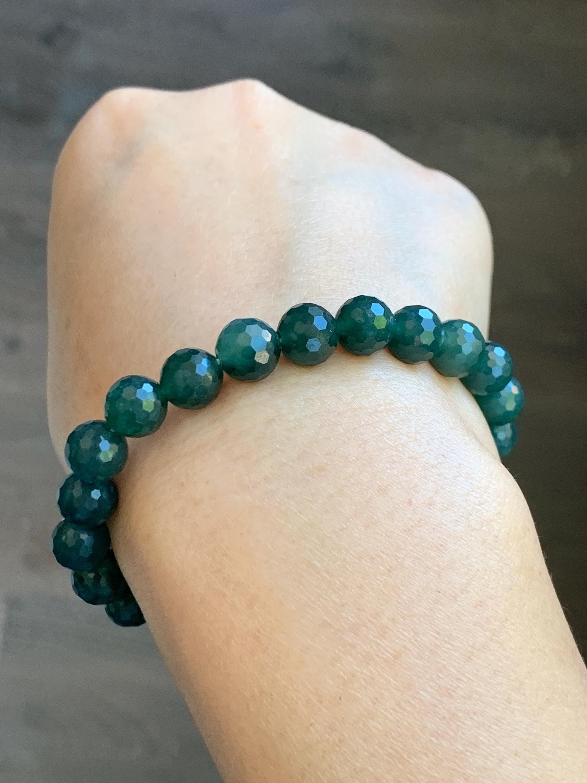 Natural Guatemalan Grade A Icy Translucent Dark Teal Blue Faceted Jade Jadeite Beaded Bracelet 8mm 7.25" 21g 天然冰危深蓝翡翠切割面圆珠手串 WQG100B