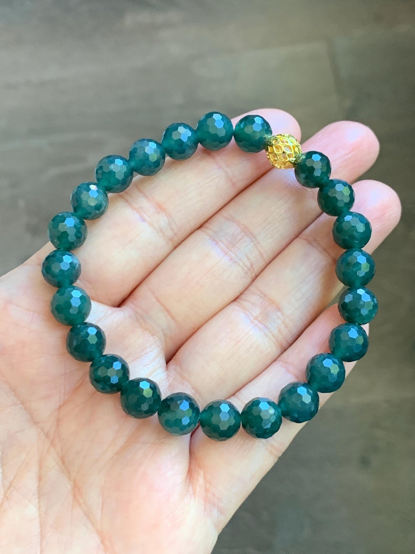 Natural Guatemalan Grade A Icy Translucent Dark Teal Blue Faceted Jade Jadeite Beaded Bracelet 8mm 7.25" 21g 天然冰危深蓝翡翠切割面圆珠手串 WQG100B