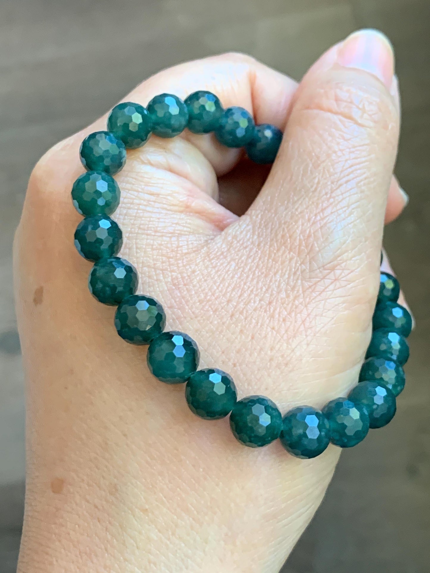 Natural Guatemalan Grade A Icy Translucent Dark Teal Blue Faceted Jade Jadeite Beaded Bracelet 8mm 7.25" 21g 天然冰危深蓝翡翠切割面圆珠手串 WQG100B
