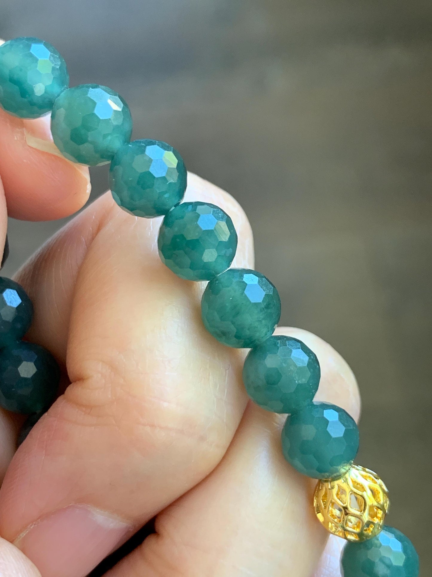 Natural Guatemalan Grade A Icy Translucent Dark Teal Blue Faceted Jade Jadeite Beaded Bracelet 8.3mm 7.5" 21g 天然冰危深蓝翡翠切割面圆珠手串 WQG100D