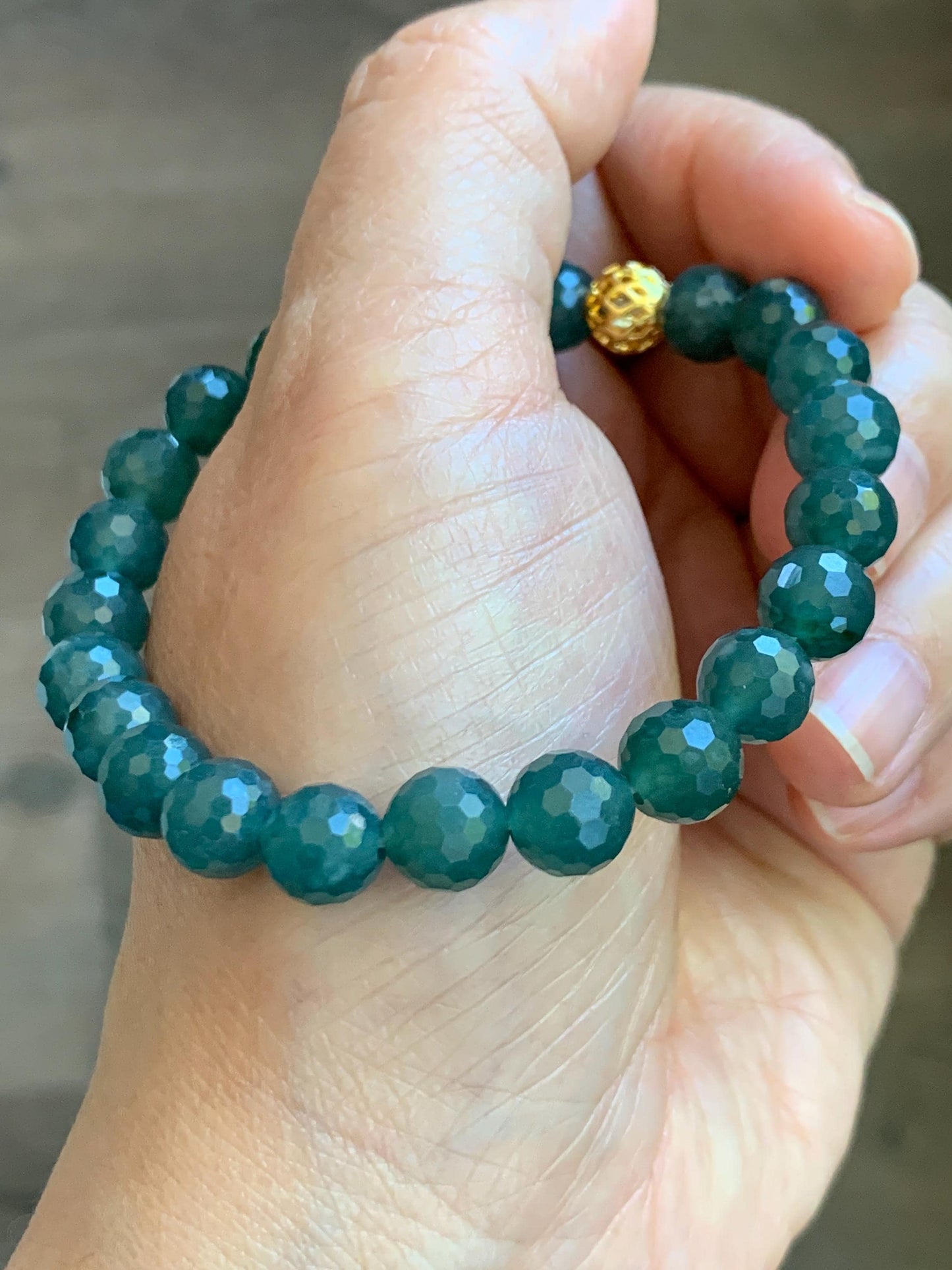 Natural Guatemalan Grade A Icy Translucent Dark Teal Blue Faceted Jade Jadeite Beaded Bracelet 8.3mm 7.5" 21g 天然冰危深蓝翡翠切割面圆珠手串 WQG100D