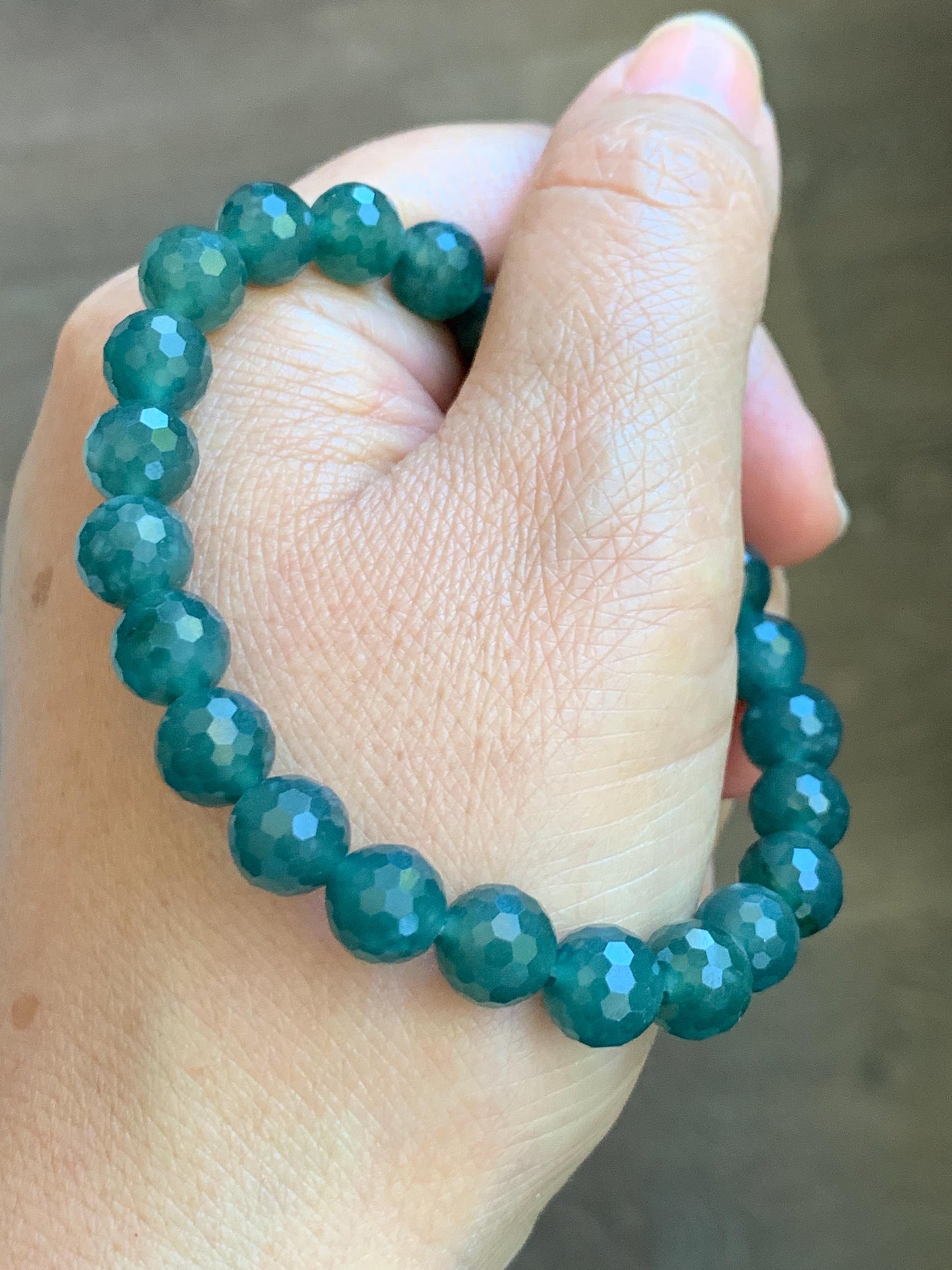Natural Guatemalan Grade A Icy Translucent Dark Teal Blue Faceted Jade Jadeite Beaded Bracelet 8.3mm 7.5" 21g 天然冰危深蓝翡翠切割面圆珠手串 WQG100D