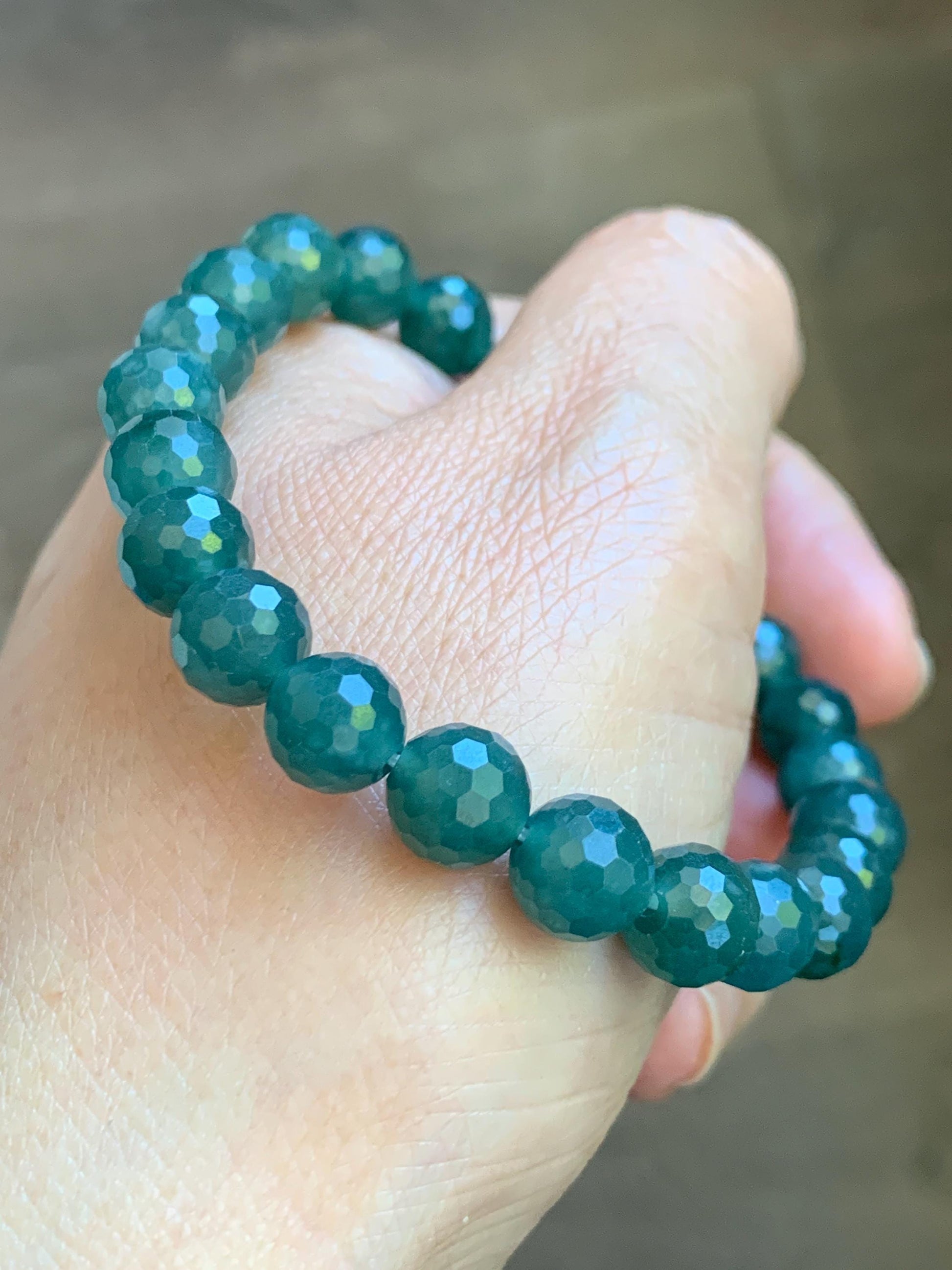 Natural Guatemalan Grade A Icy Translucent Dark Teal Blue Faceted Jade Jadeite Beaded Bracelet 8.3mm 7.5" 21g 天然冰危深蓝翡翠切割面圆珠手串 WQG100D