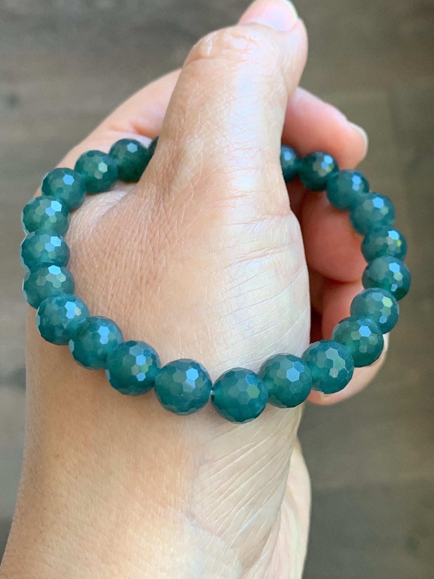 Natural Guatemalan Grade A Icy Translucent Dark Teal Blue Faceted Jade Jadeite Beaded Bracelet 8.3mm 7.5" 21g 天然冰危深蓝翡翠切割面圆珠手串 WQG100D