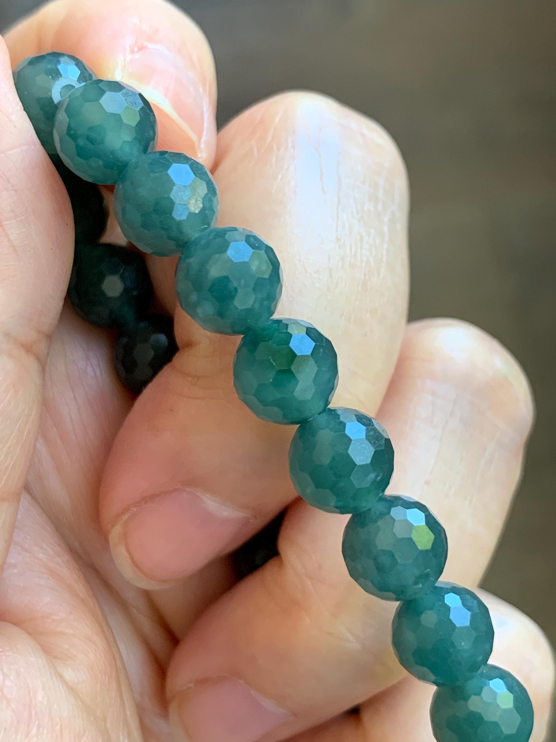 Natural Guatemalan Grade A Icy Translucent Dark Teal Blue Faceted Jade Jadeite Beaded Bracelet 8.3mm 7.5" 21g 天然冰危深蓝翡翠切割面圆珠手串 WQG100D