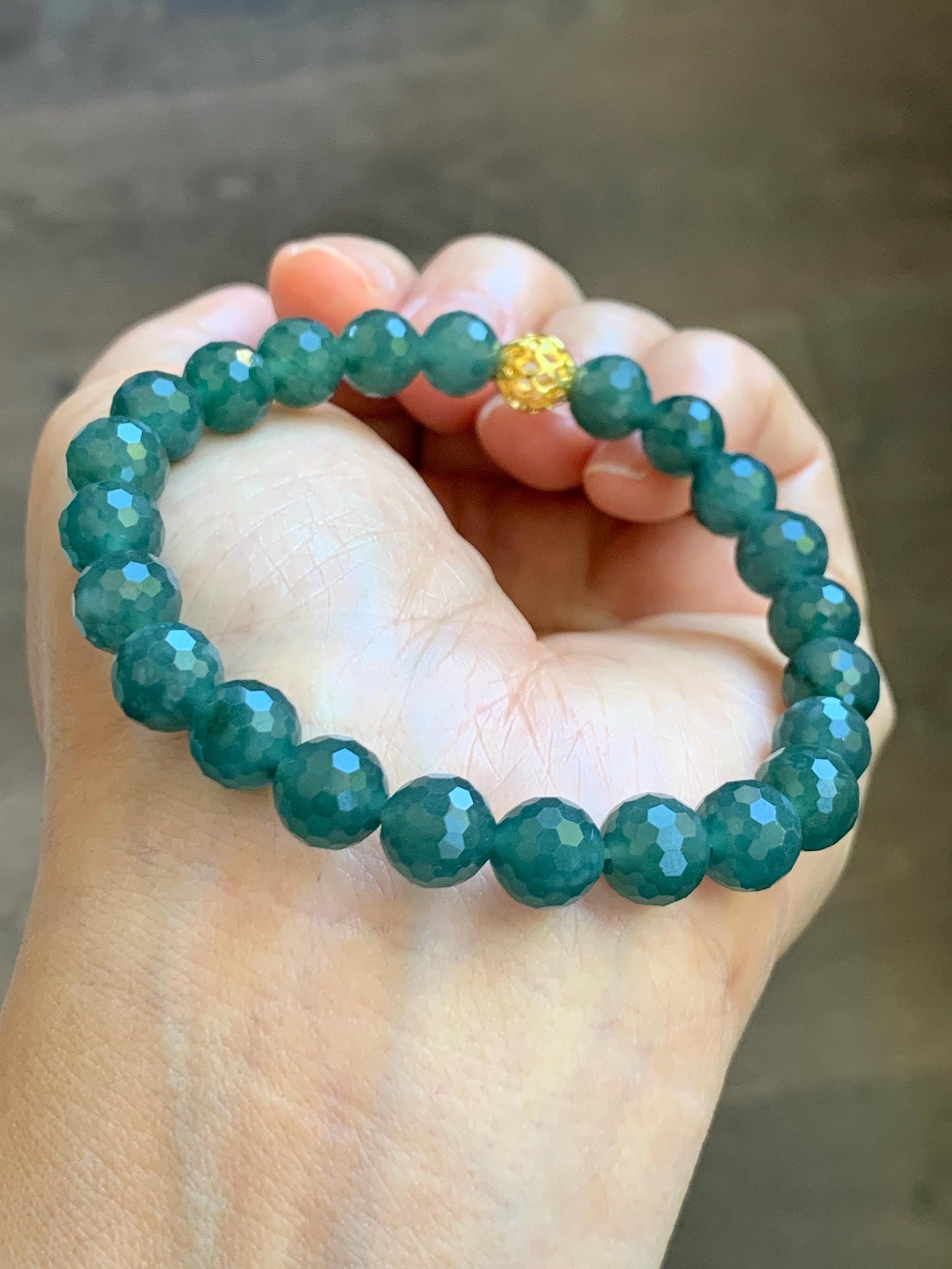 Natural Guatemalan Grade A Icy Translucent Dark Teal Blue Faceted Jade Jadeite Beaded Bracelet 8.3mm 7.5" 21g 天然冰危深蓝翡翠切割面圆珠手串 WQG100D