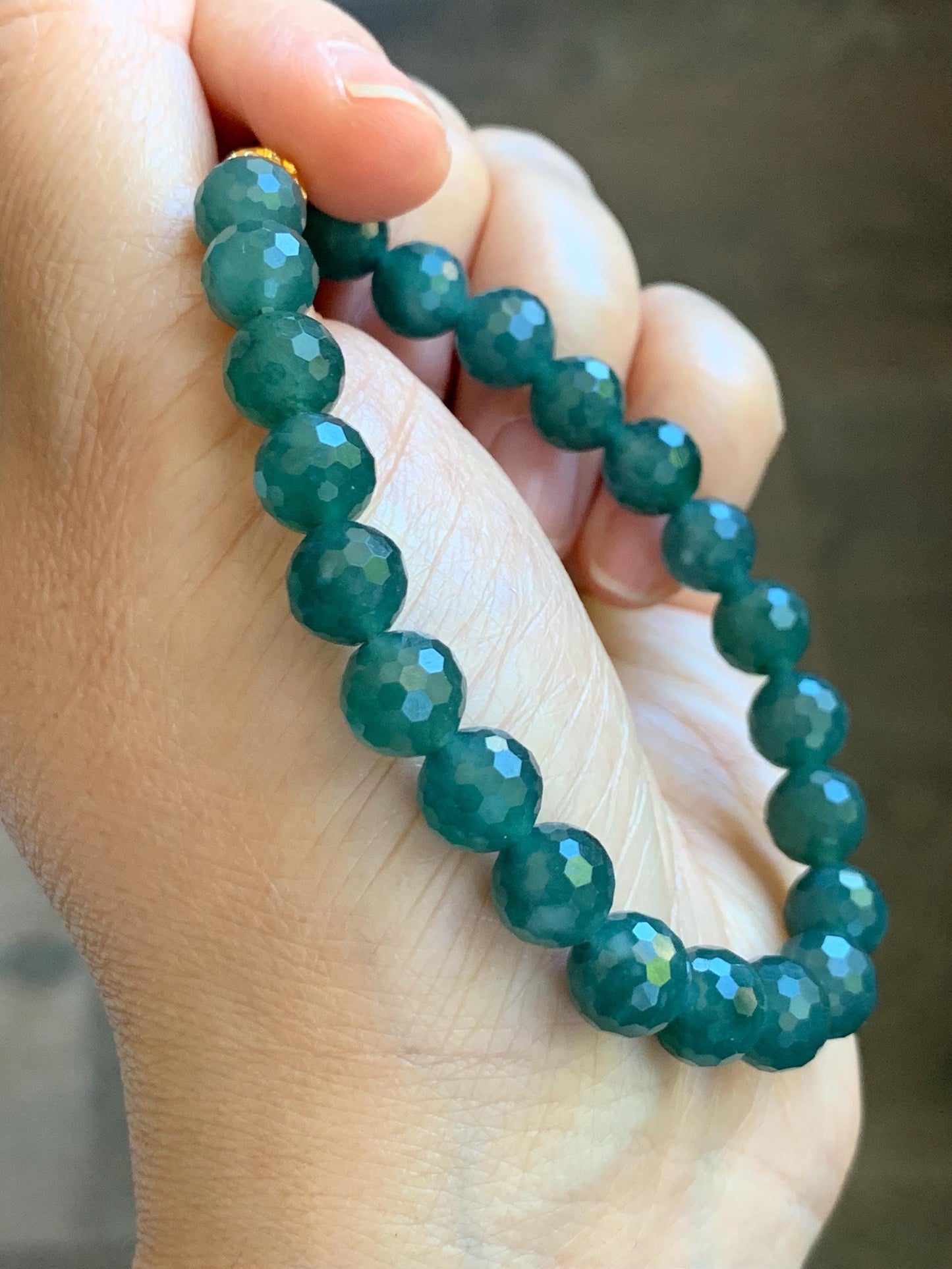 Natural Guatemalan Grade A Icy Translucent Dark Teal Blue Faceted Jade Jadeite Beaded Bracelet 8.3mm 7.5" 21g 天然冰危深蓝翡翠切割面圆珠手串 WQG100D