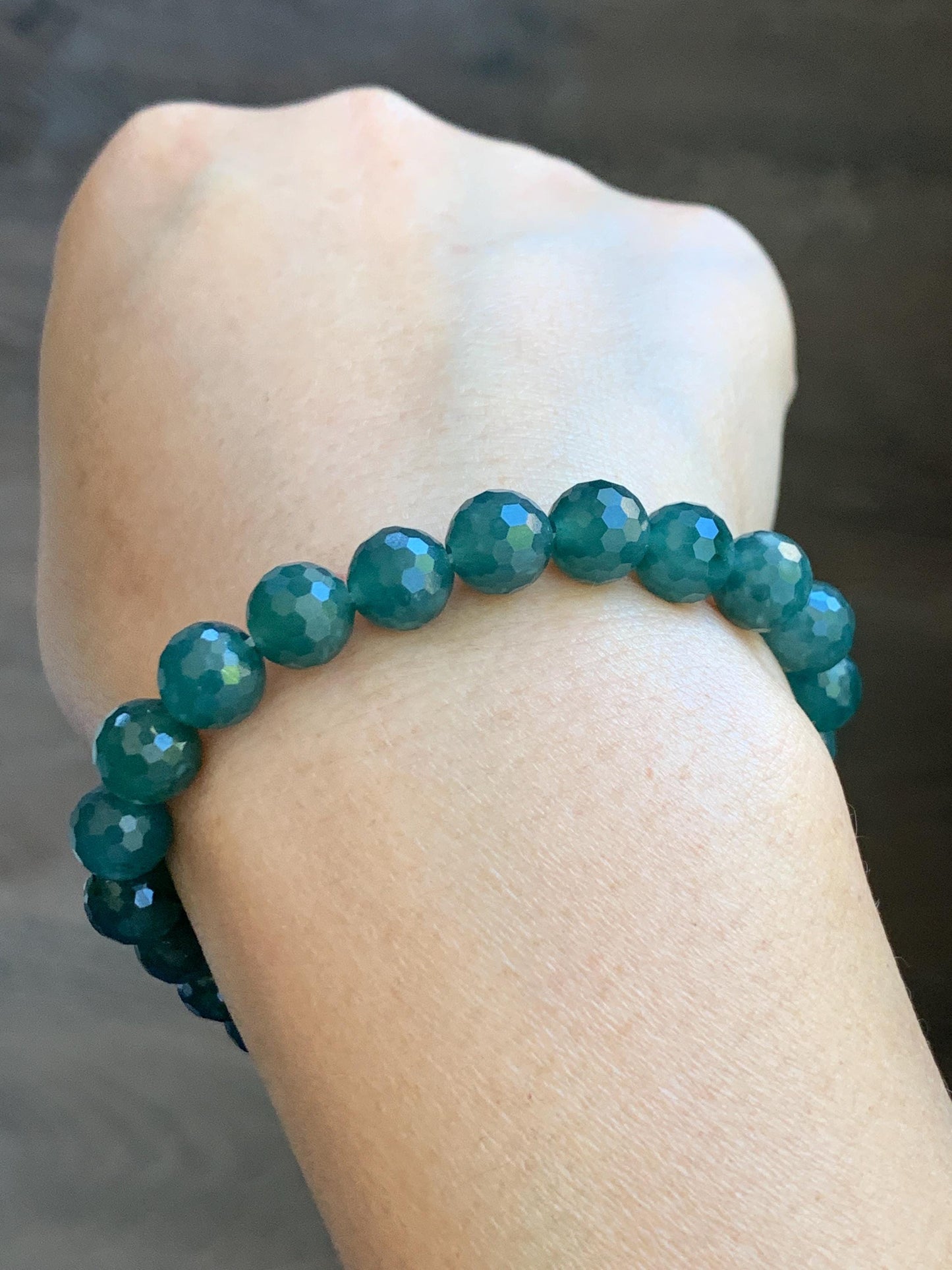 Natural Guatemalan Grade A Icy Translucent Dark Teal Blue Faceted Jade Jadeite Beaded Bracelet 8.3mm 7.5" 21g 天然冰危深蓝翡翠切割面圆珠手串 WQG100D