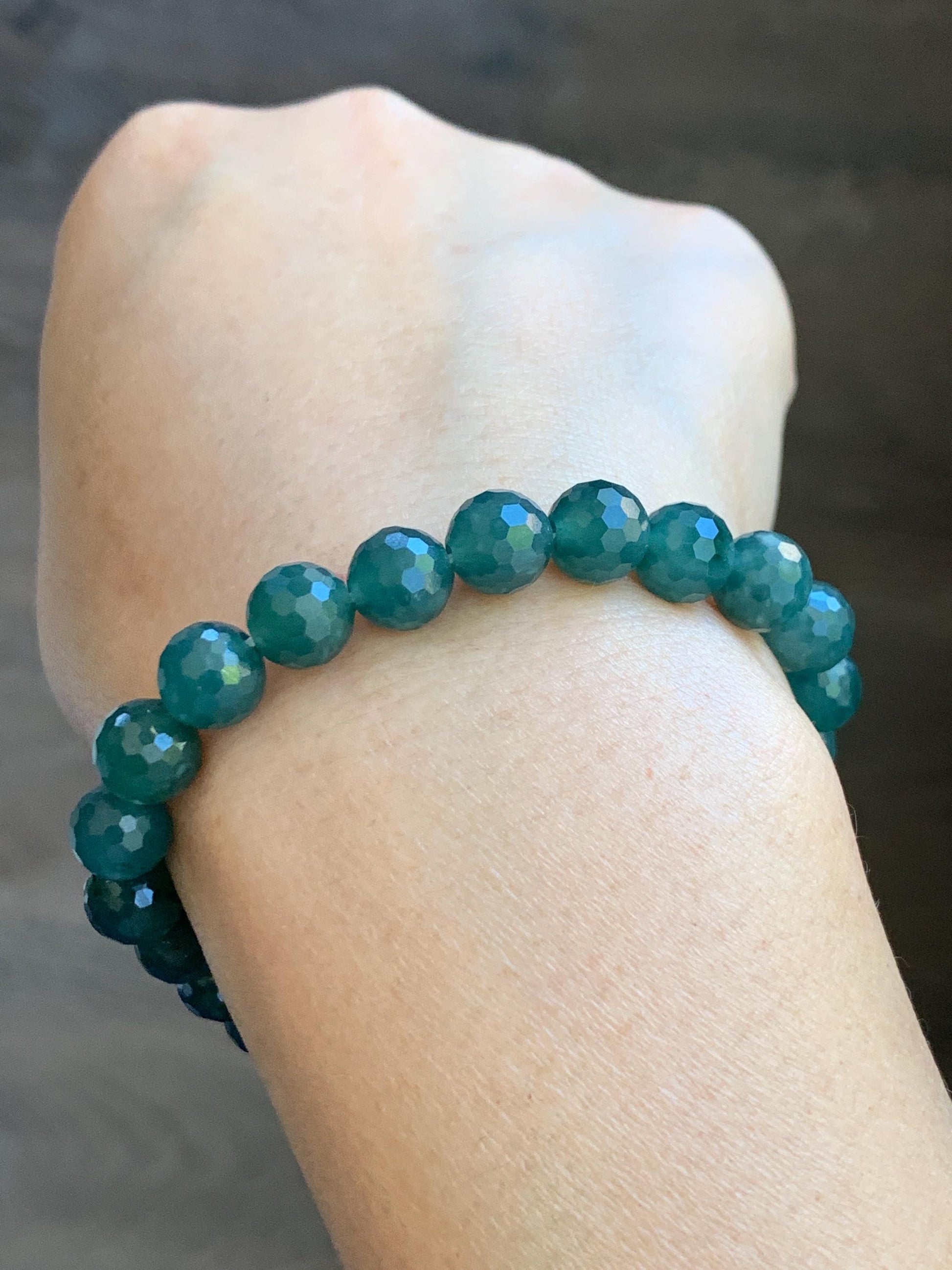 Natural Guatemalan Grade A Icy Translucent Dark Teal Blue Faceted Jade Jadeite Beaded Bracelet 8.3mm 7.5" 21g 天然冰危深蓝翡翠切割面圆珠手串 WQG100D