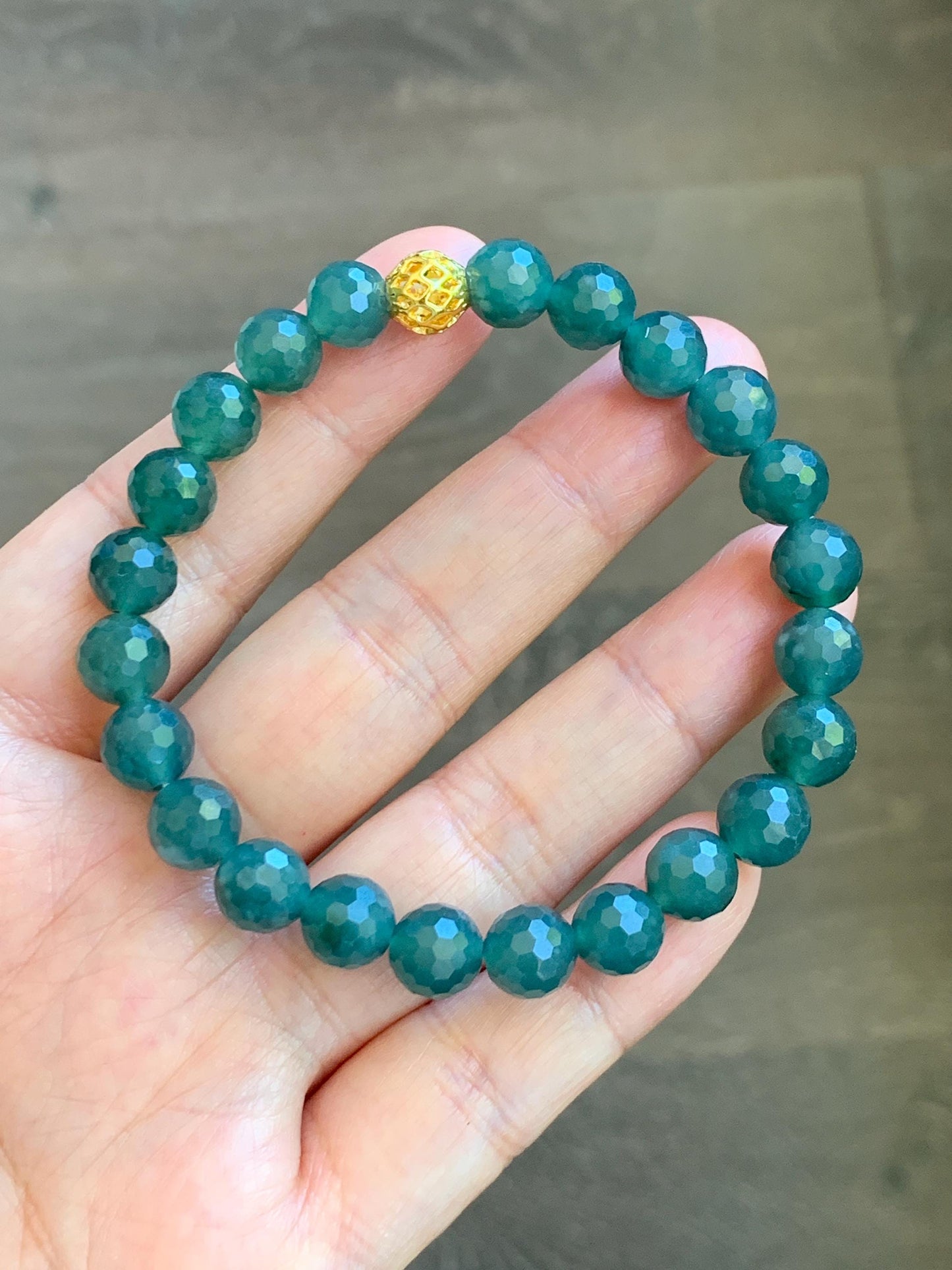 Natural Guatemalan Grade A Icy Translucent Dark Teal Blue Faceted Jade Jadeite Beaded Bracelet 8.3mm 7.5" 21g 天然冰危深蓝翡翠切割面圆珠手串 WQG100D