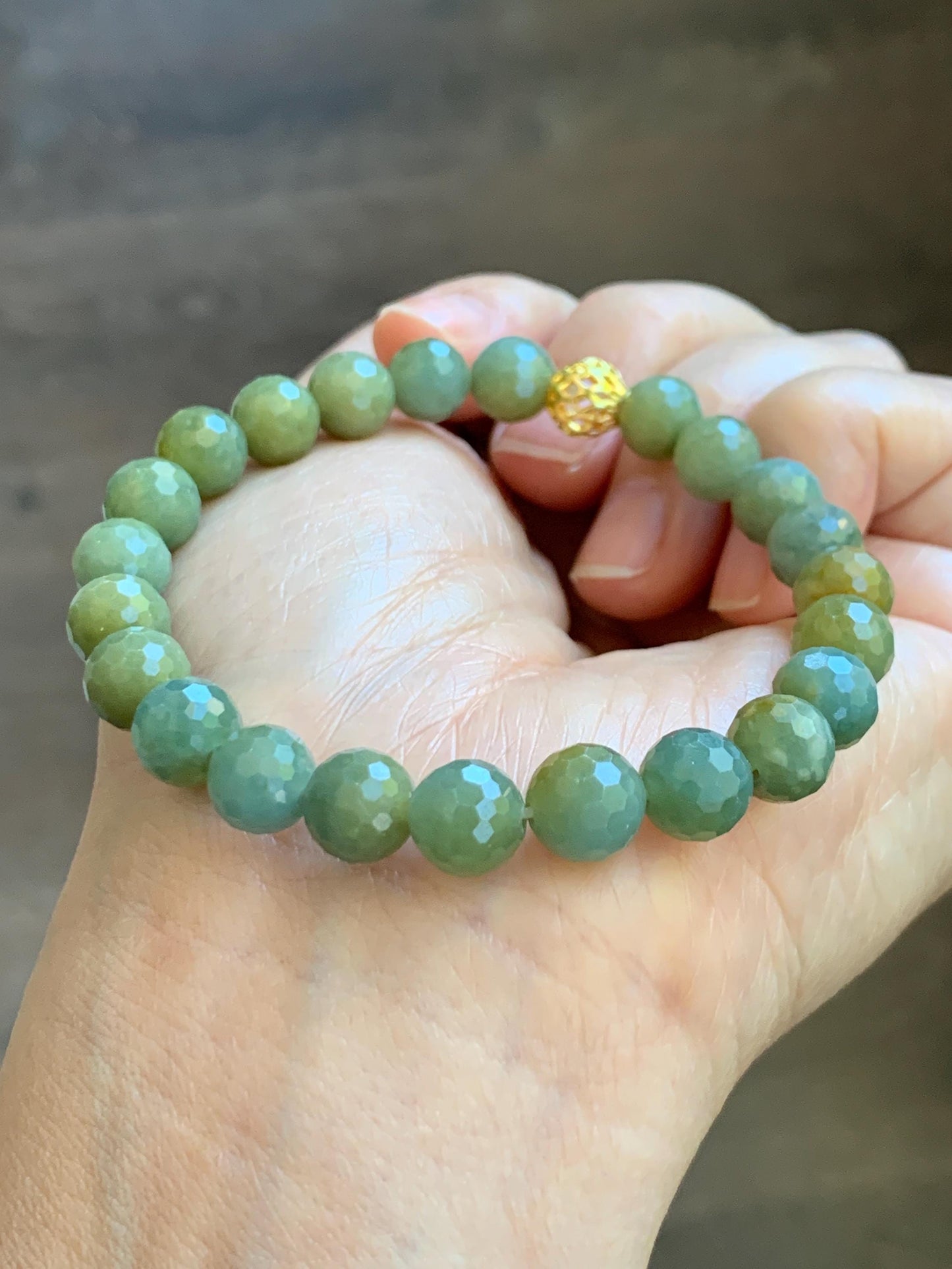 Natural Guatemalan Grade A Icy Translucent Dusty Blue Yellow Faceted Jade Jadeite Beaded Bracelet 8mm 7.25" 20g 天然冰危蓝加黄翡翠切割面圆珠手串 WQG100A