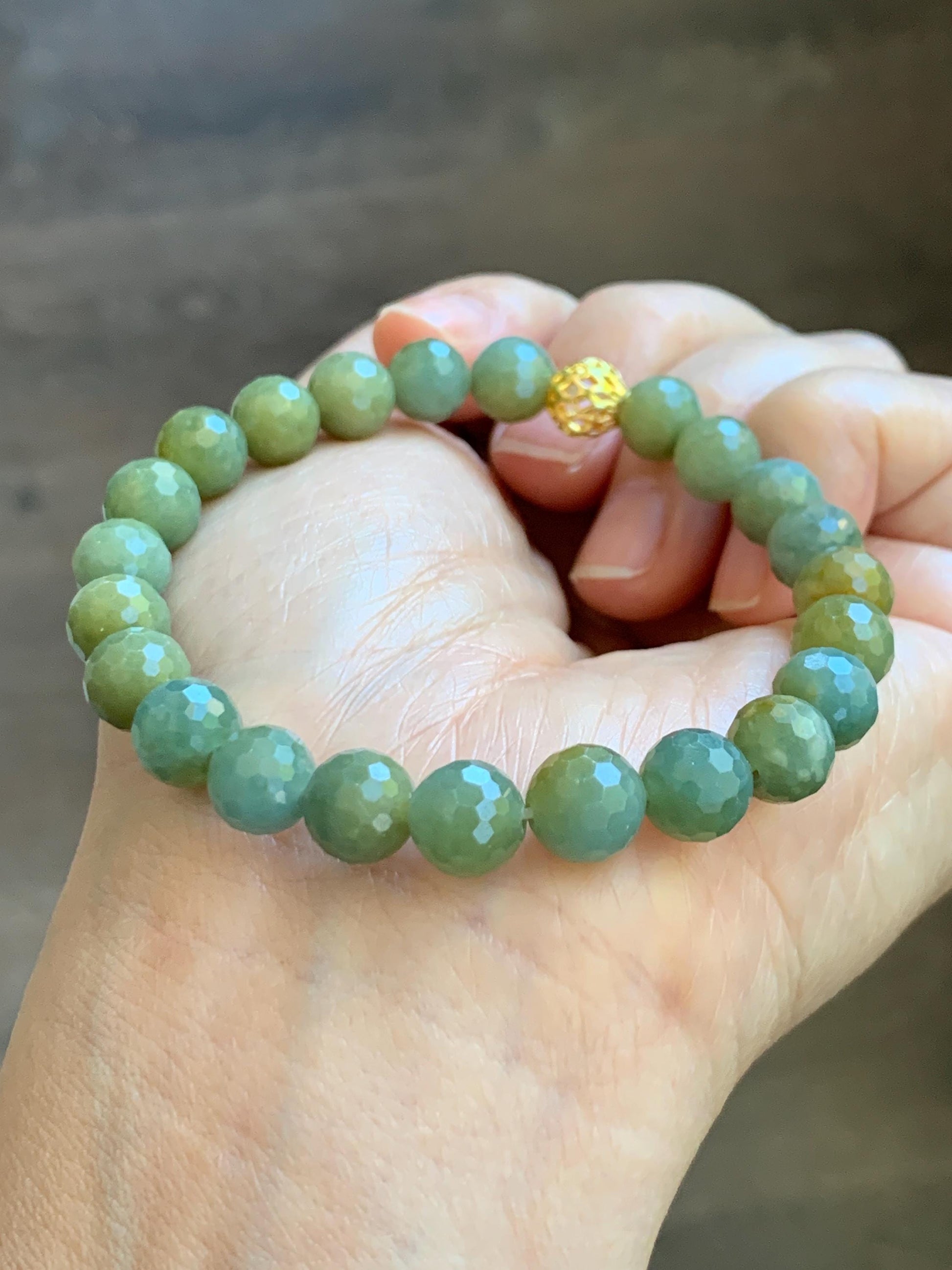 Natural Guatemalan Grade A Icy Translucent Dusty Blue Yellow Faceted Jade Jadeite Beaded Bracelet 8mm 7.25" 20g 天然冰危蓝加黄翡翠切割面圆珠手串 WQG100A