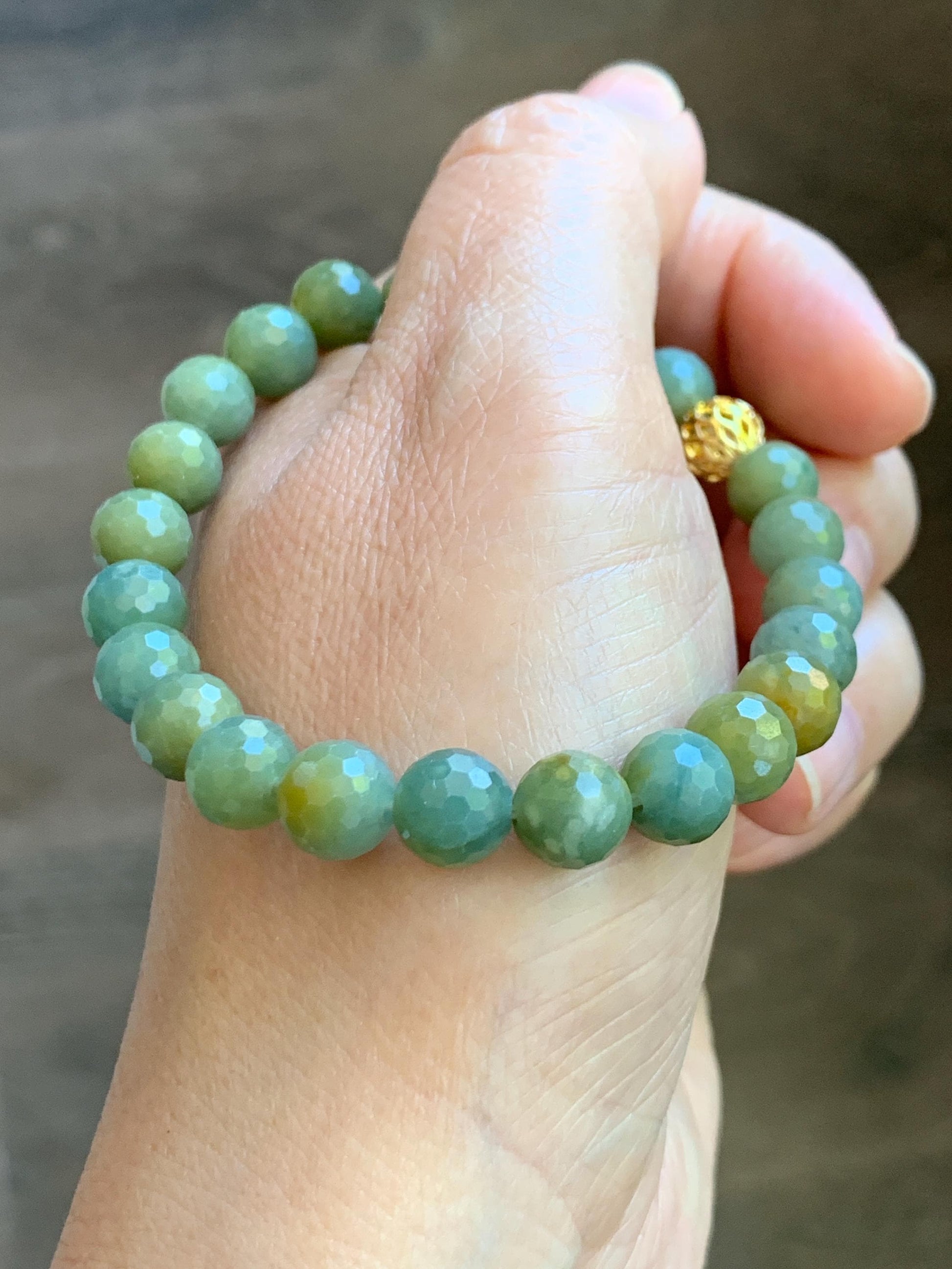 Natural Guatemalan Grade A Icy Translucent Dusty Blue Yellow Faceted Jade Jadeite Beaded Bracelet 8mm 7.25" 20g 天然冰危蓝加黄翡翠切割面圆珠手串 WQG100A
